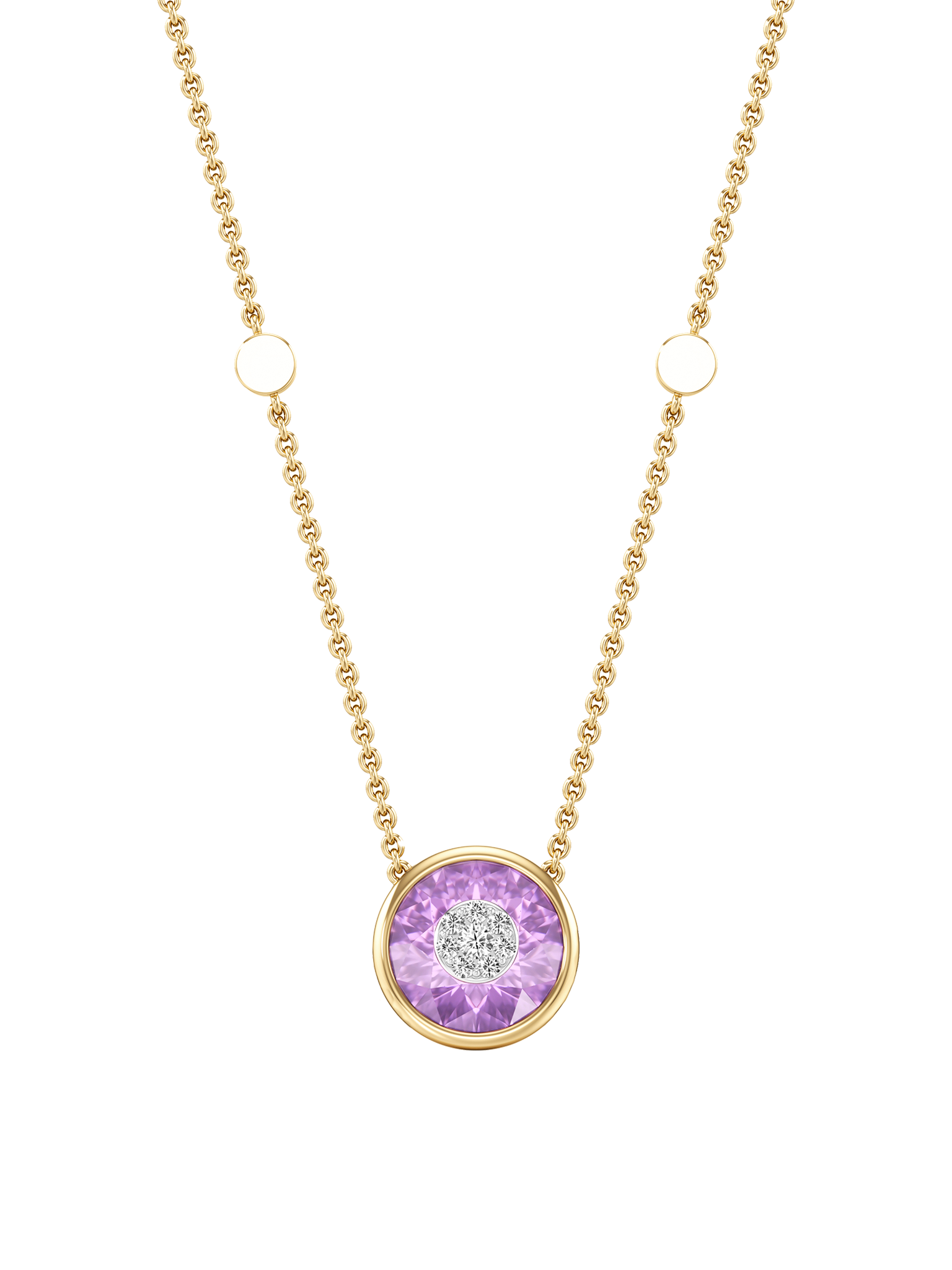 One collection 10mm amethyst pendant with yellow gold bezel 