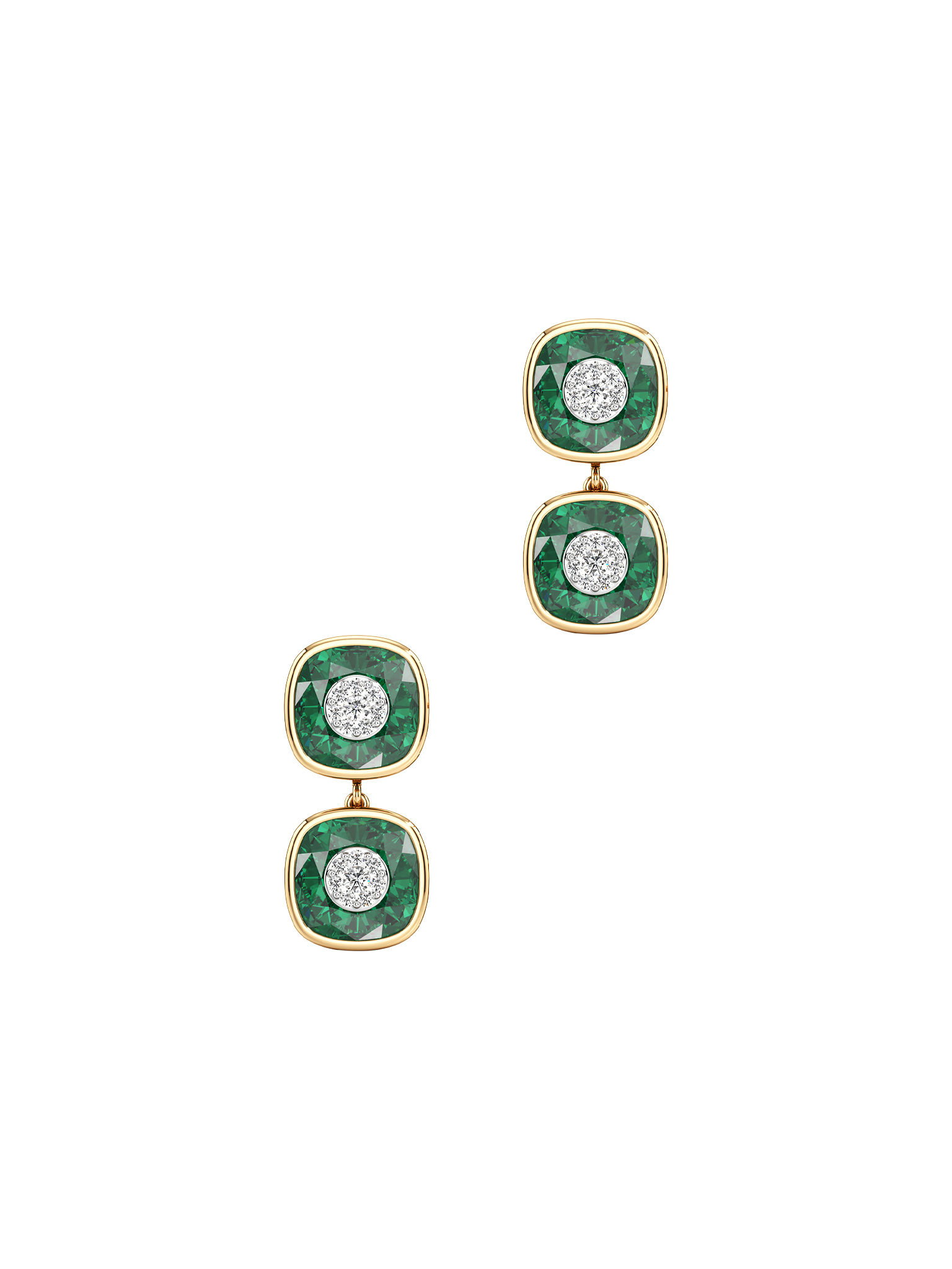 One collection double cushion shape fusion emerald earrings with yellow gold bezel 