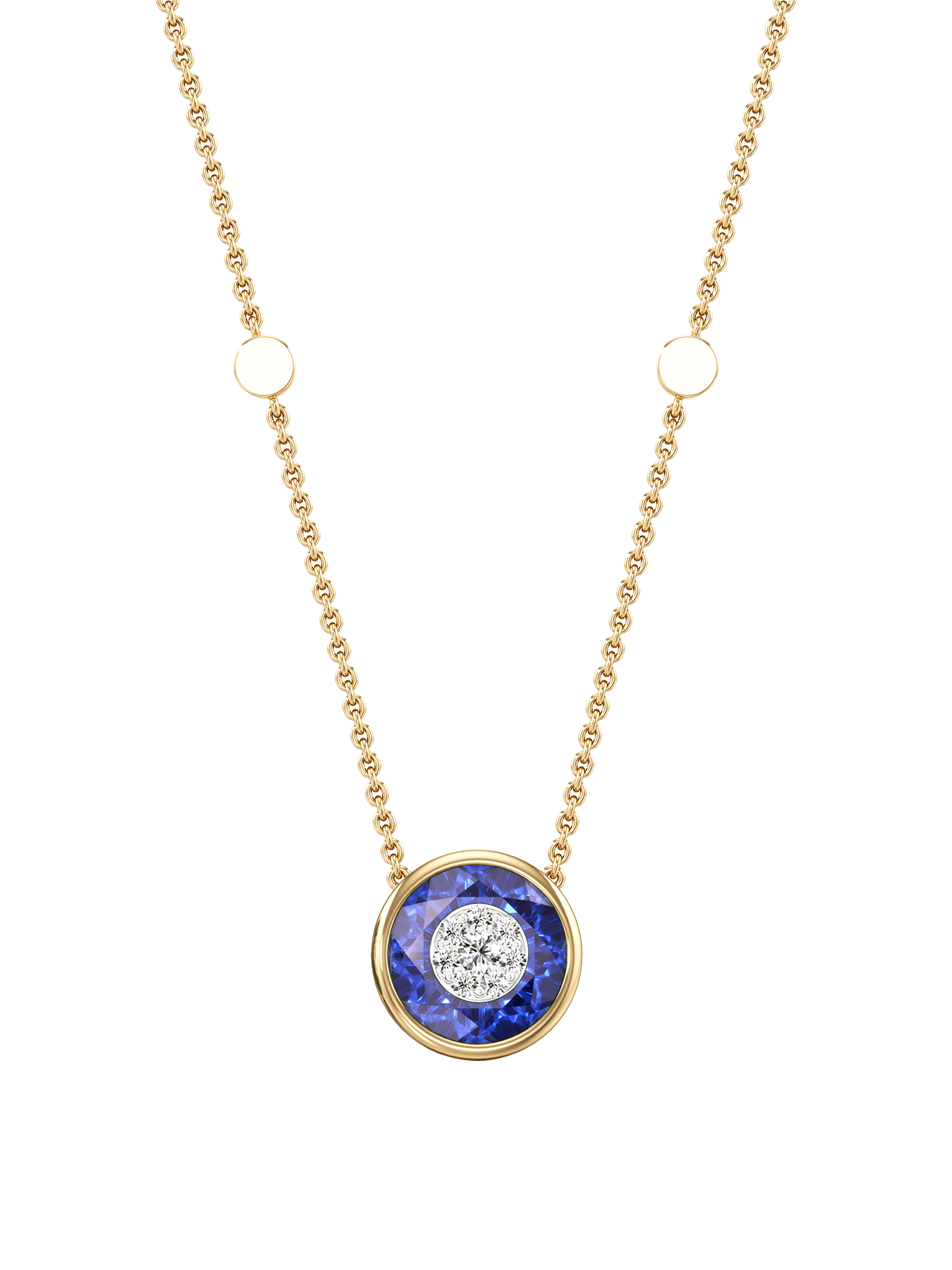 One collection 10mm fusion sapphire pendant with yellow gold bezel 