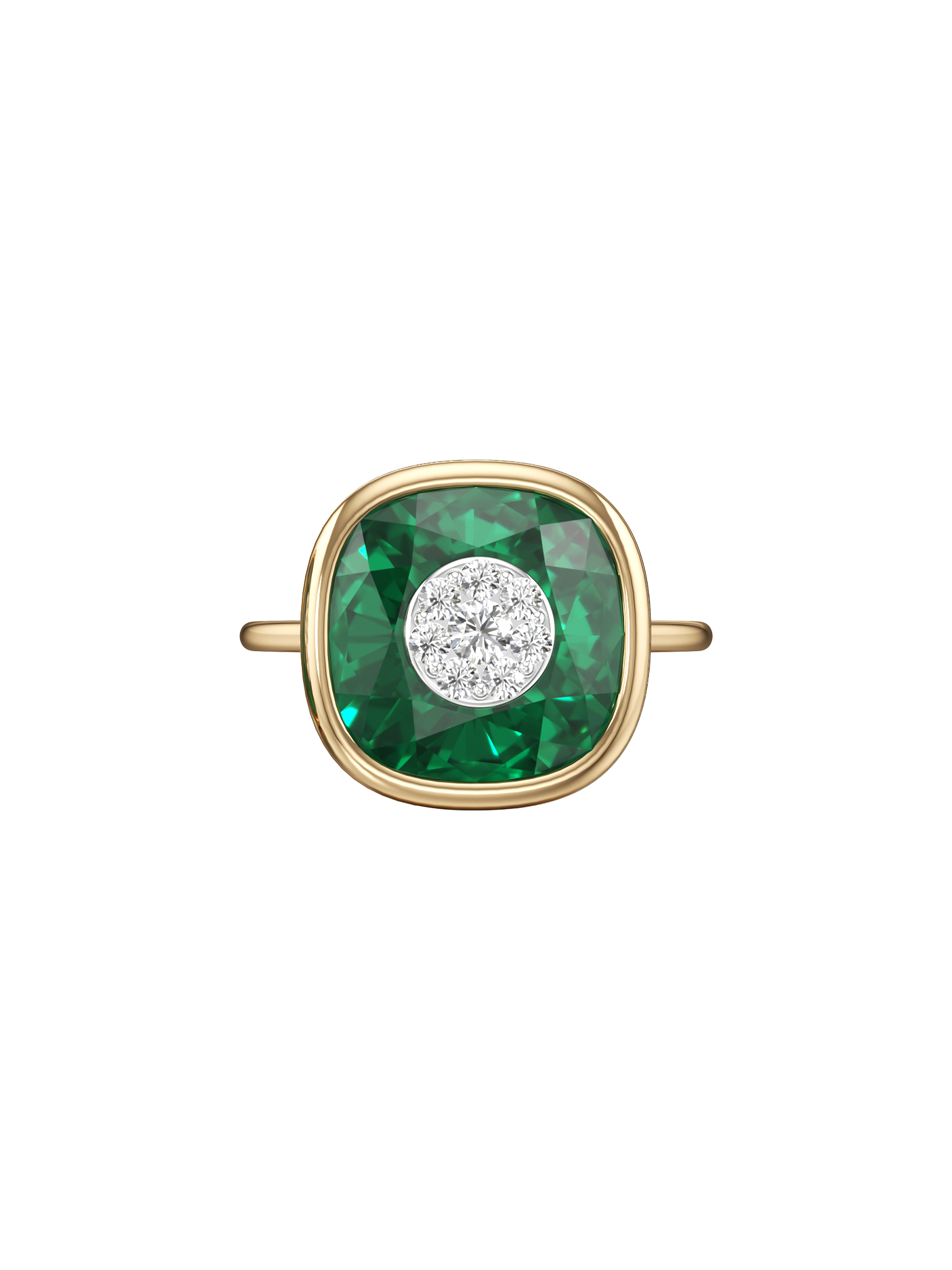 One collection 10mm cushion shape fusion emerald ring with yellow gold bezel 