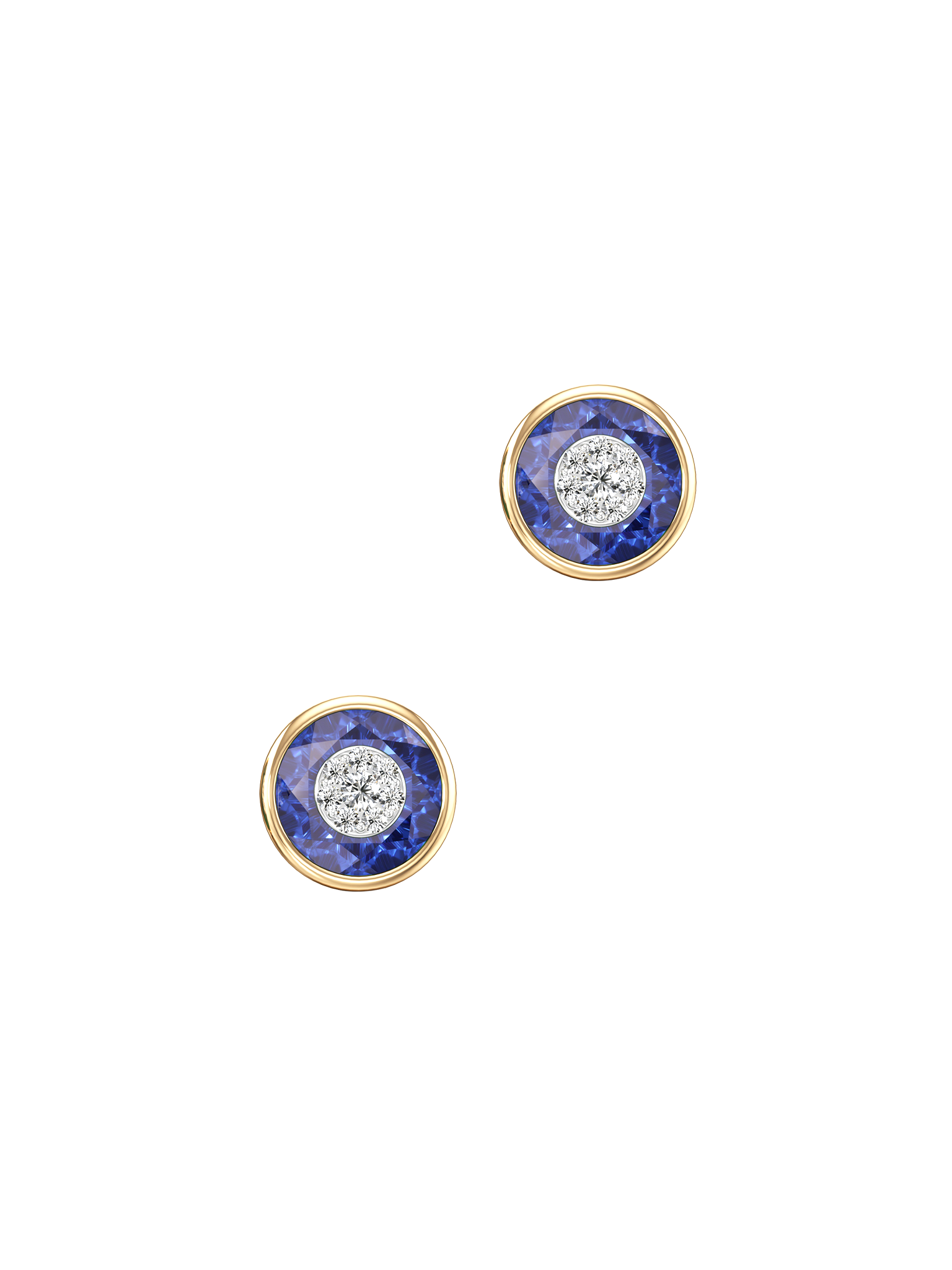 One collection 10mm fusion sapphire stud earrings with yellow gold bezel 