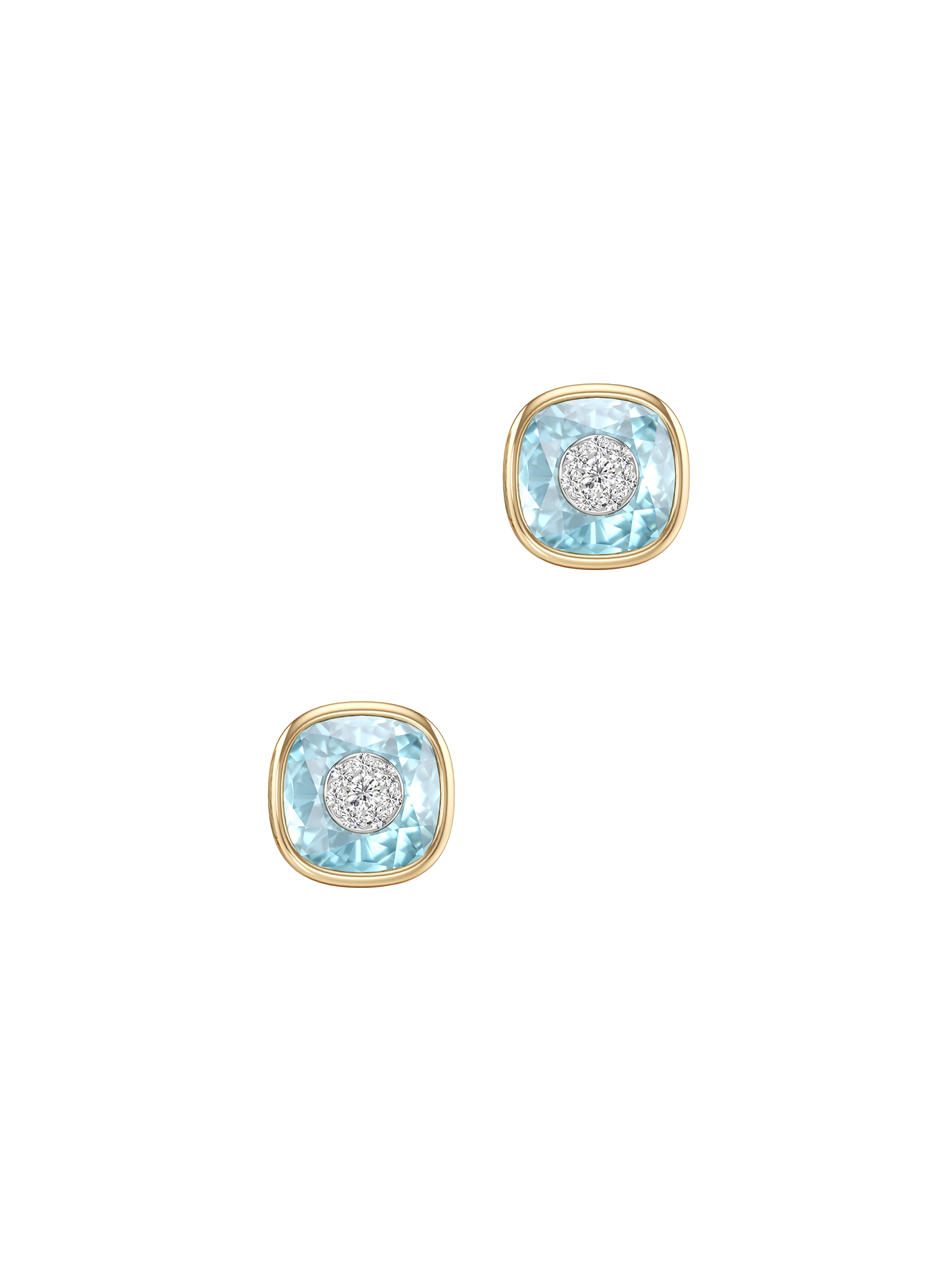 One collection 10mm cushion shape  blue topaz stud earrings with yellow gold bezel 