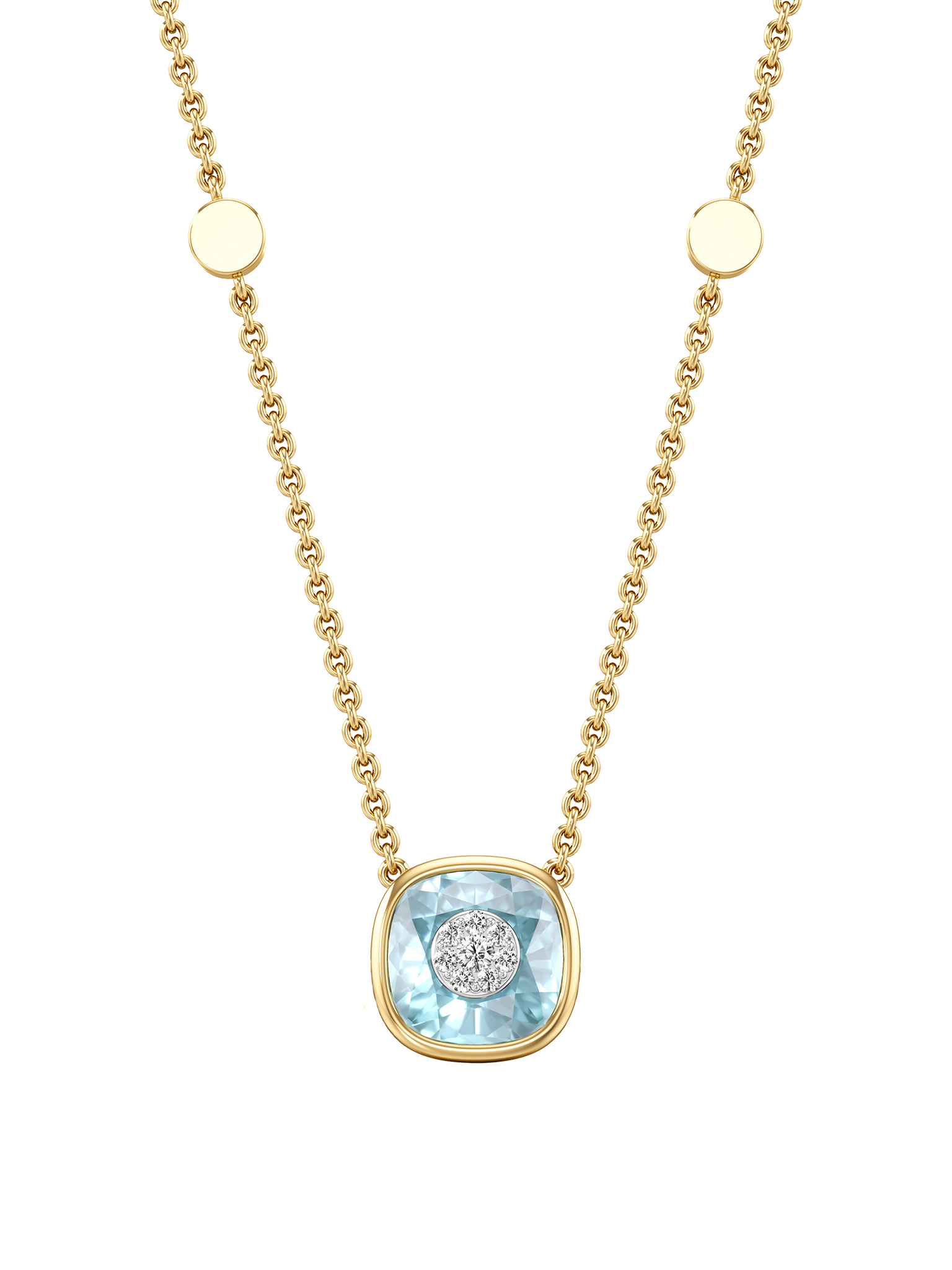 One collection 10mm cushion shape blue topaz pendant with yellow gold bezel 