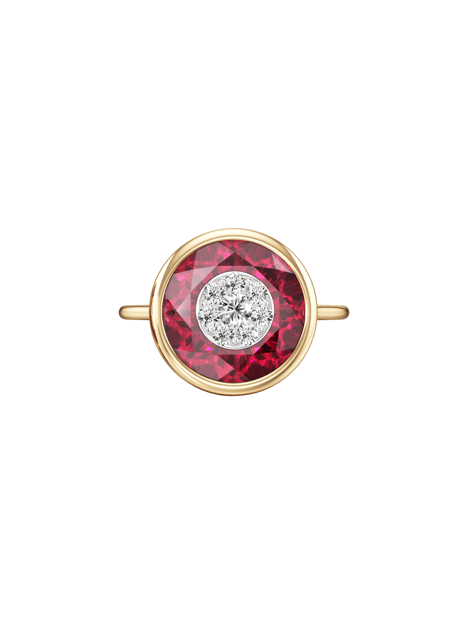 One collection 10mm fusion ruby ring with yellow gold bezel 