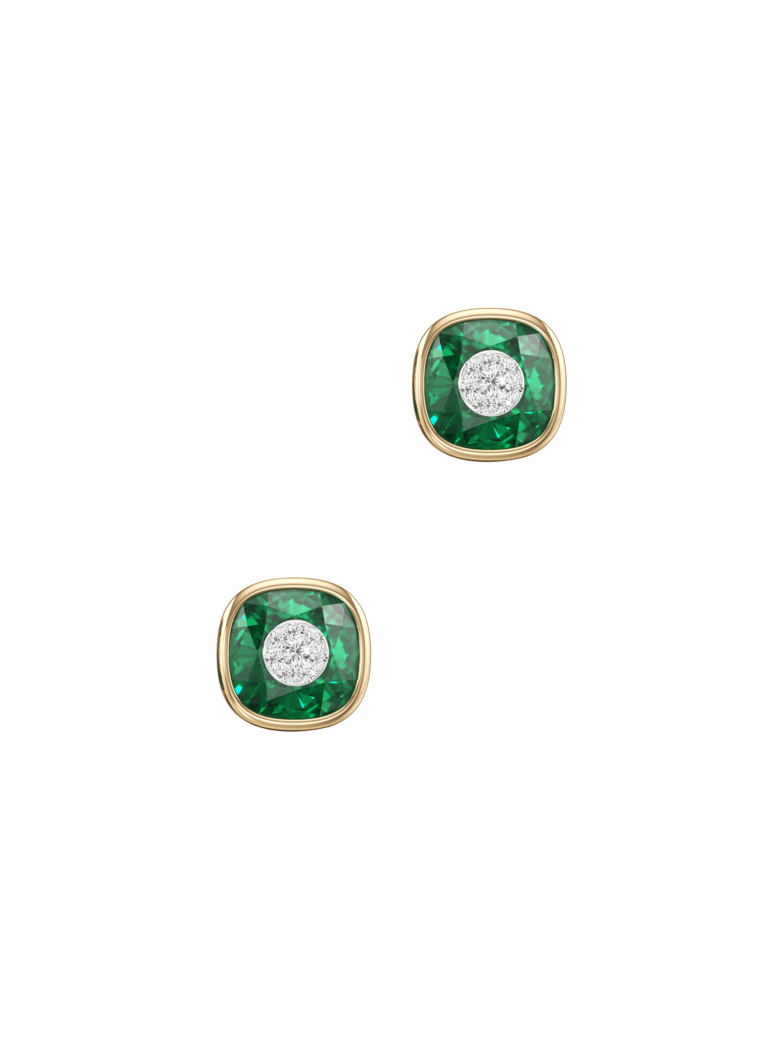 One collection 10mm cushion shape fusion emerald stud earrings with yellow gold bezel 