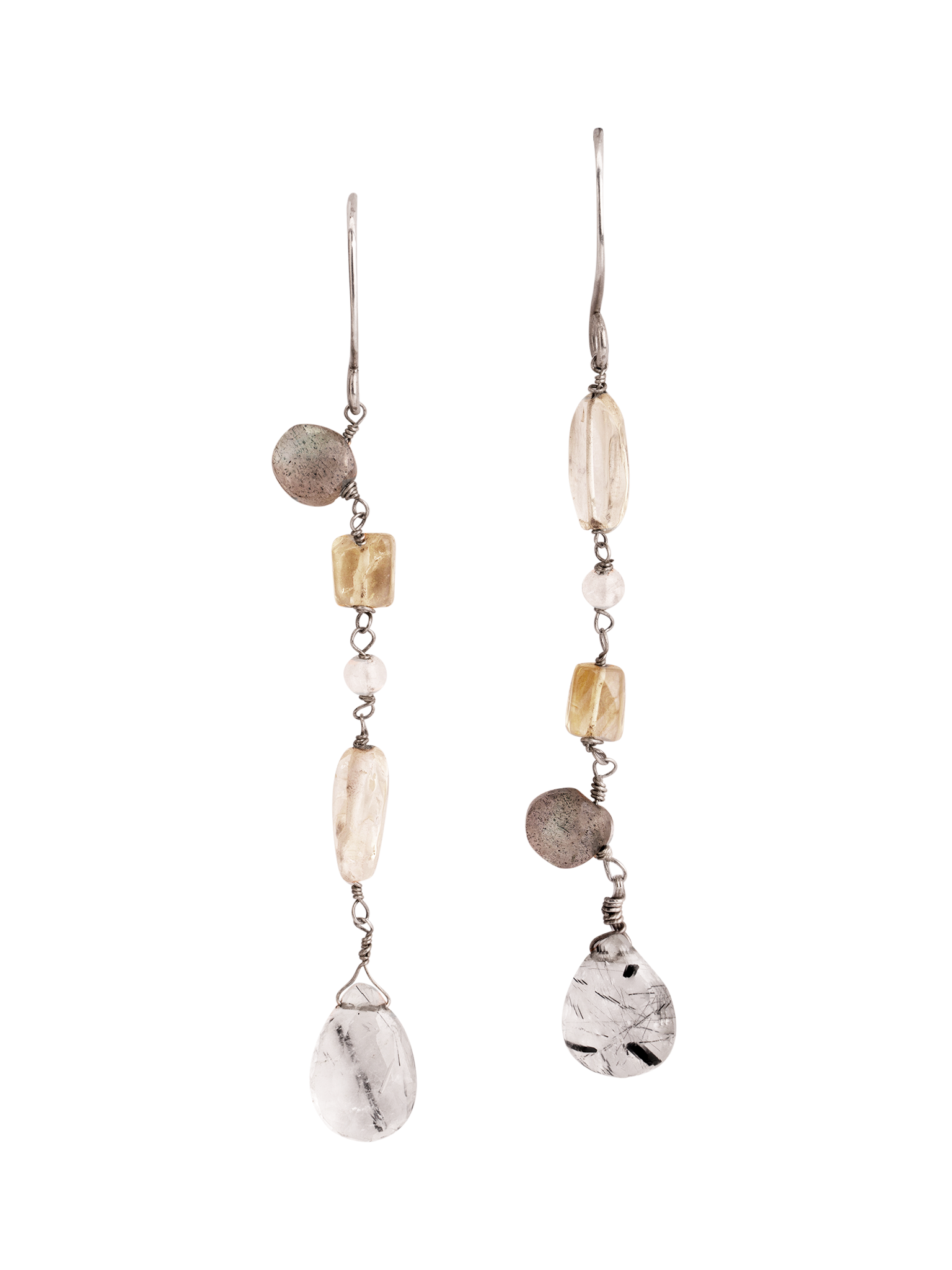 Tourmalinated quartz and citrine drop silver earrings