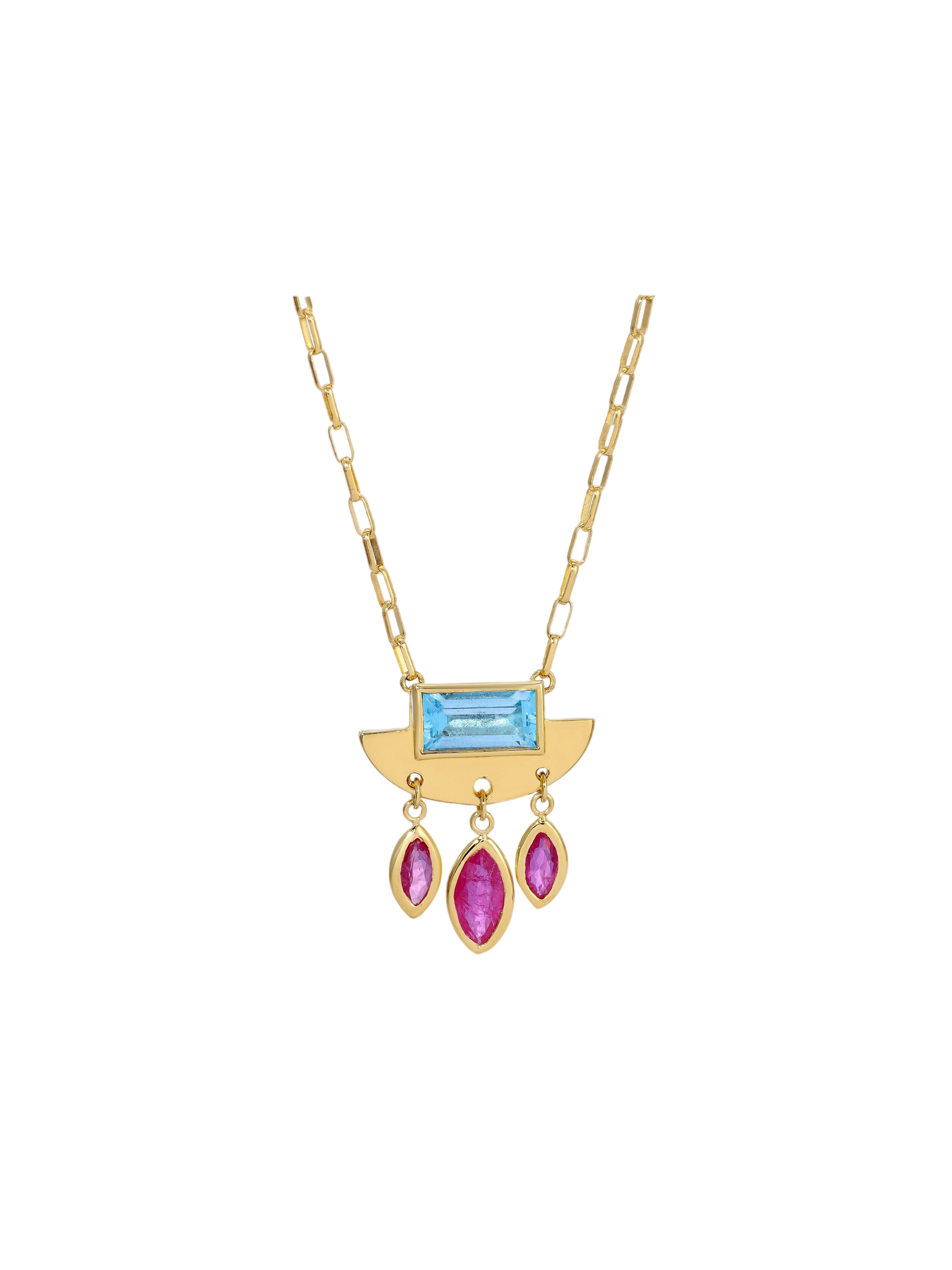 Crescent Moon Necklace  Blue Topaz & Ruby Charms