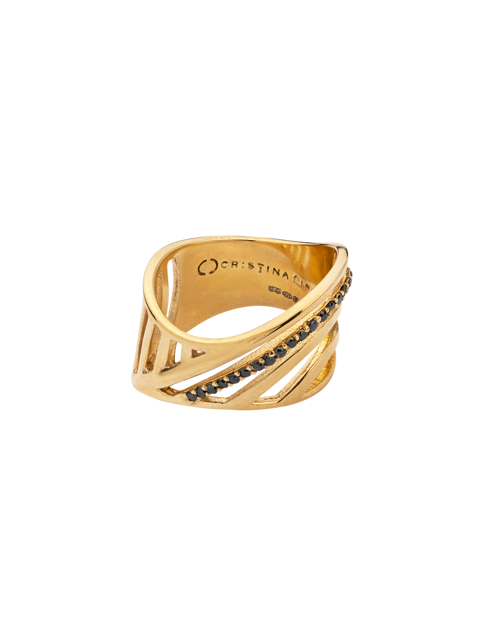 Sharch cut out ring gold with black diamonds