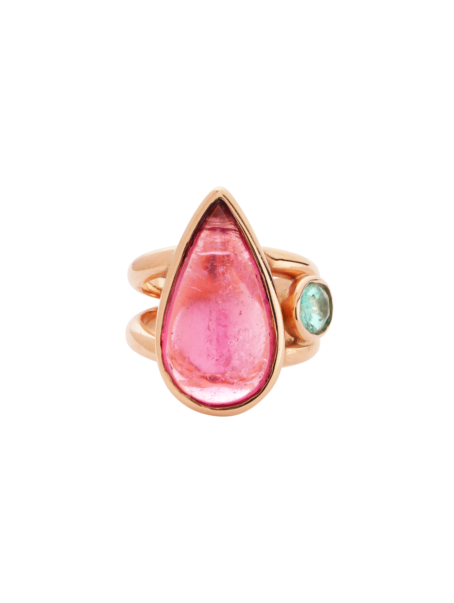 Pear shaped pink tourmaline cabochon and apatite side stone ring