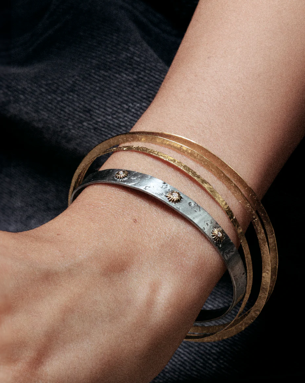 Solis Lux sun bracelet with diamonds, sterling silver, and yellow gold
