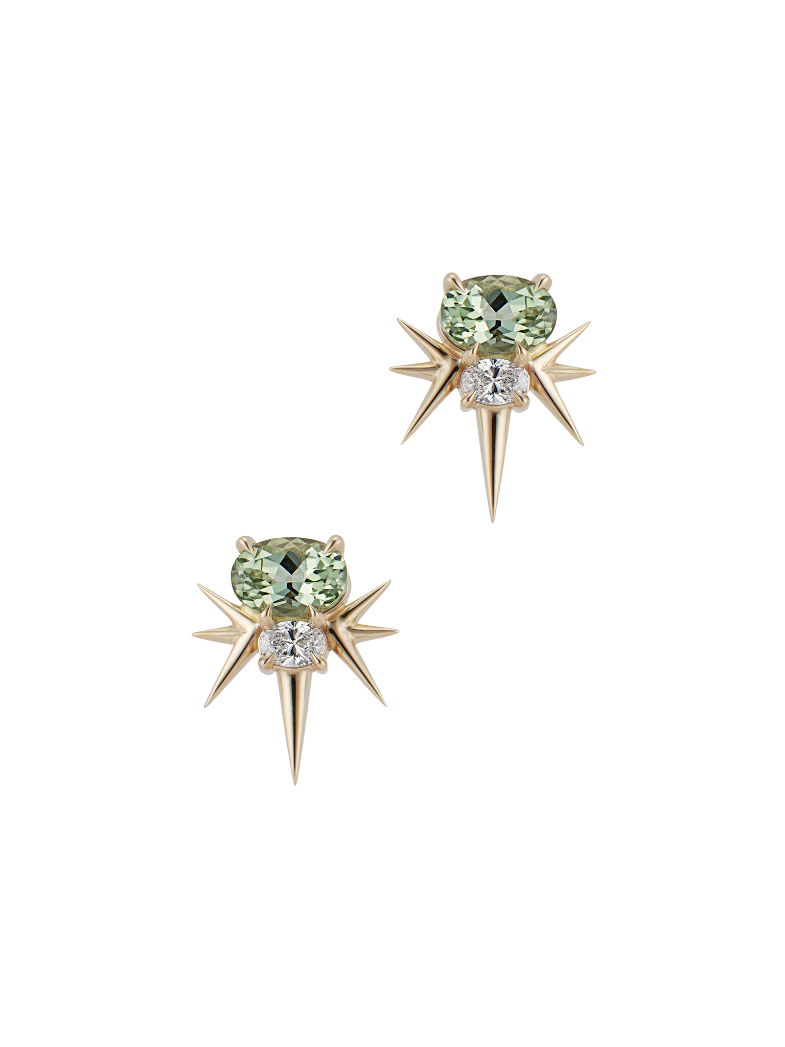 14ct yellow gold green tourmaline and diamond spike earrings 