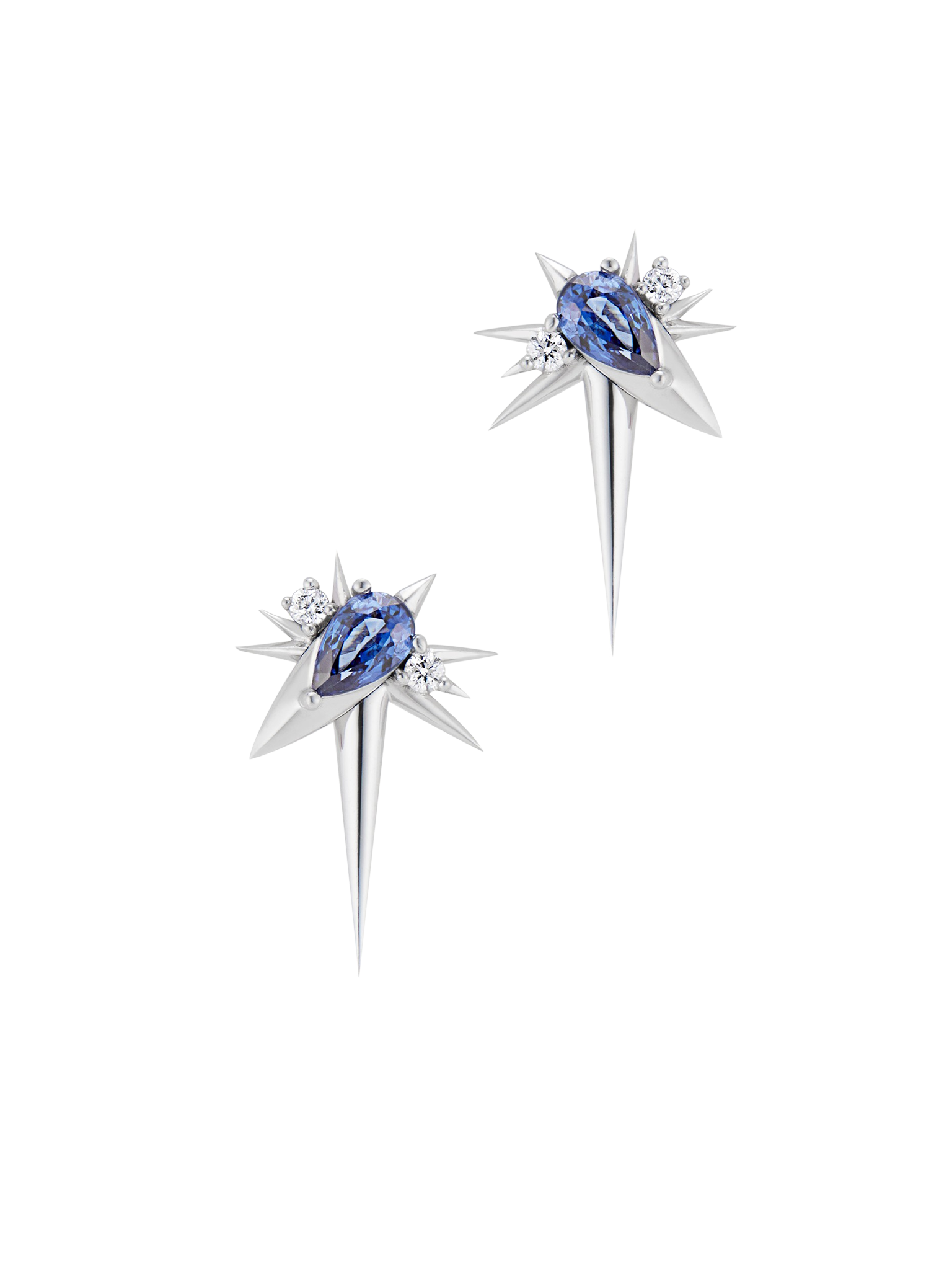 White gold - blue sapphire & diamond drop earrings - spike earrings