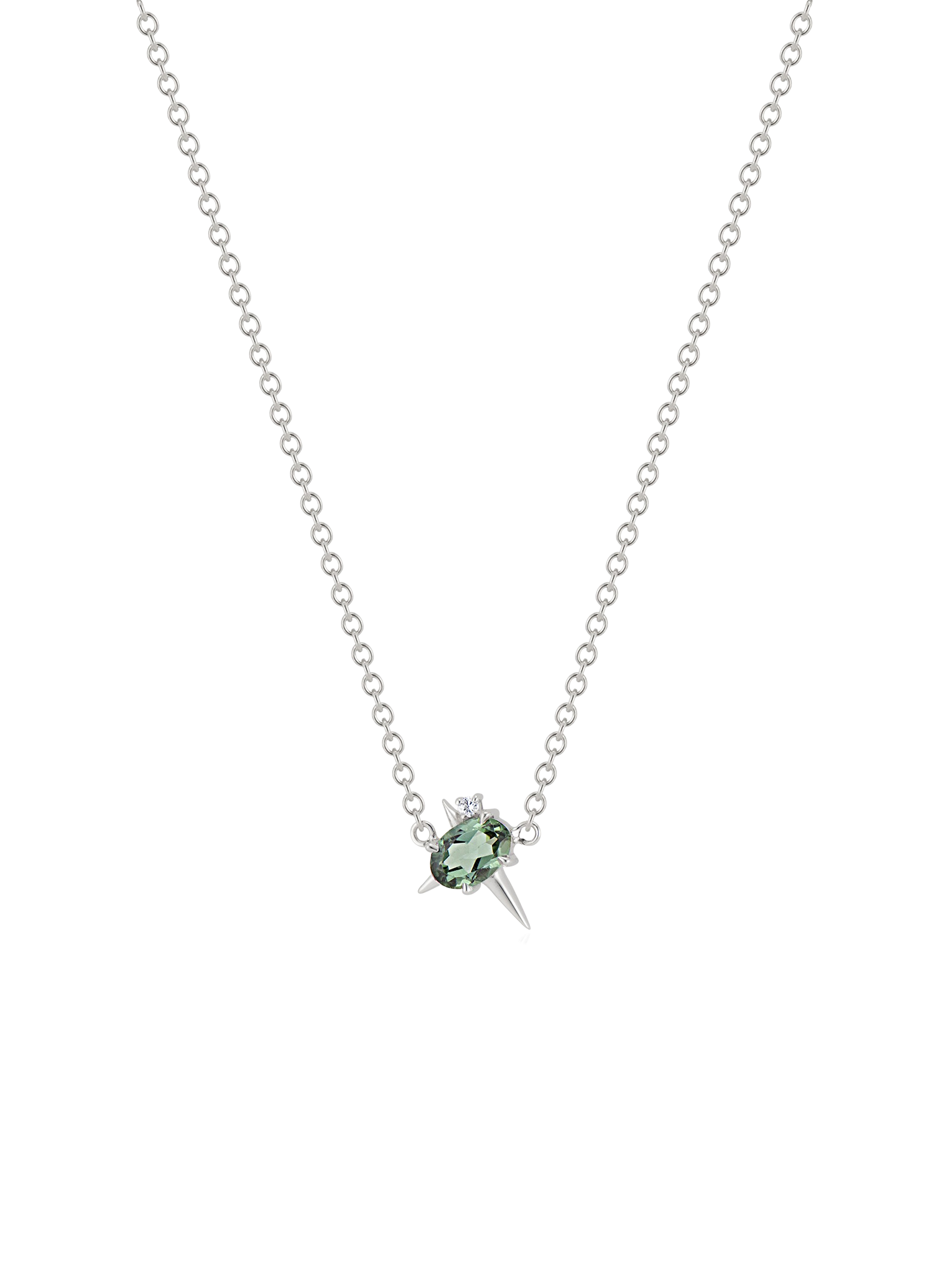 14ct white gold - green tourmaline and diamond spike necklace