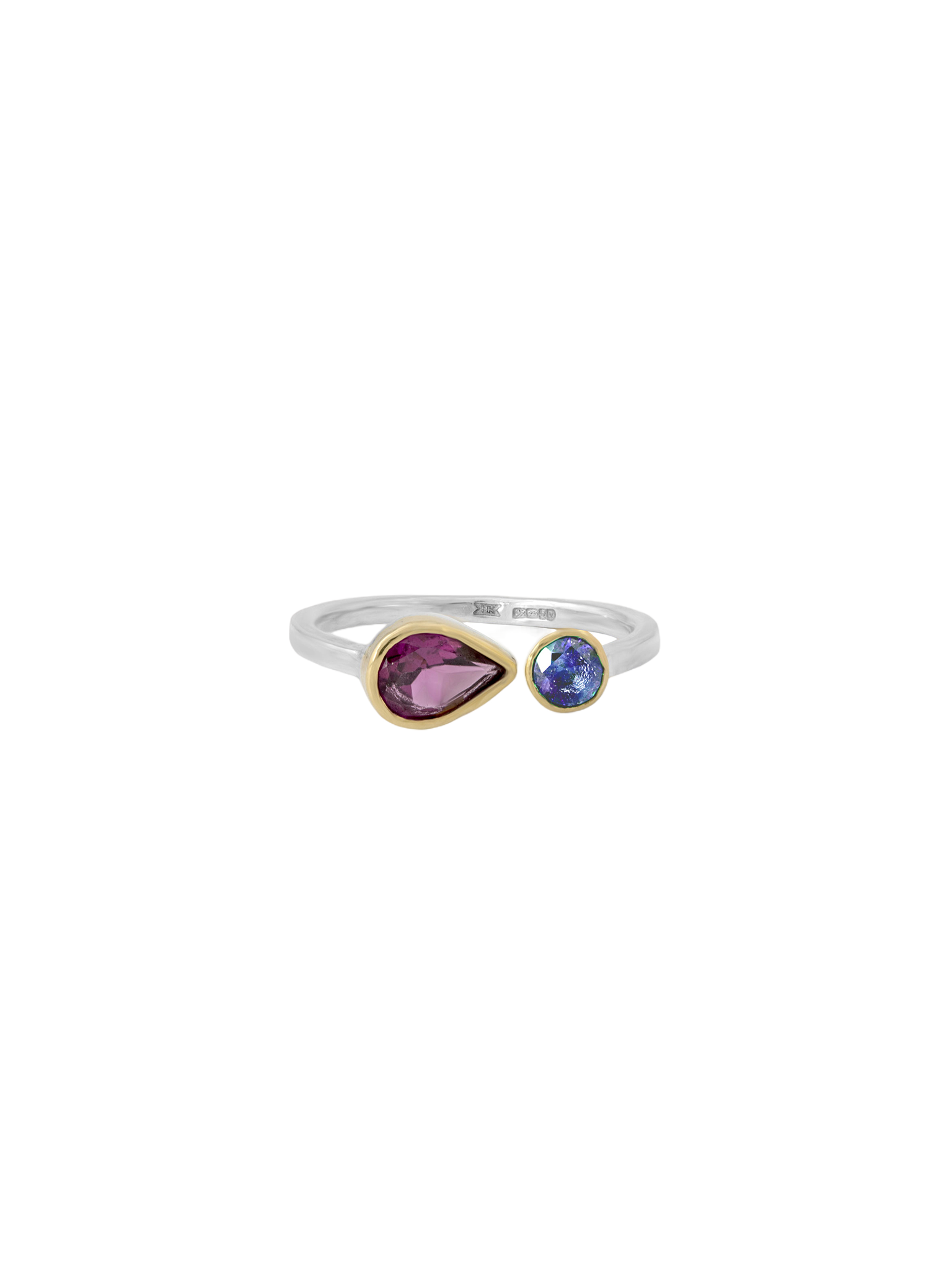 Exclamation ring set with tanzanite and rhodolite garnet