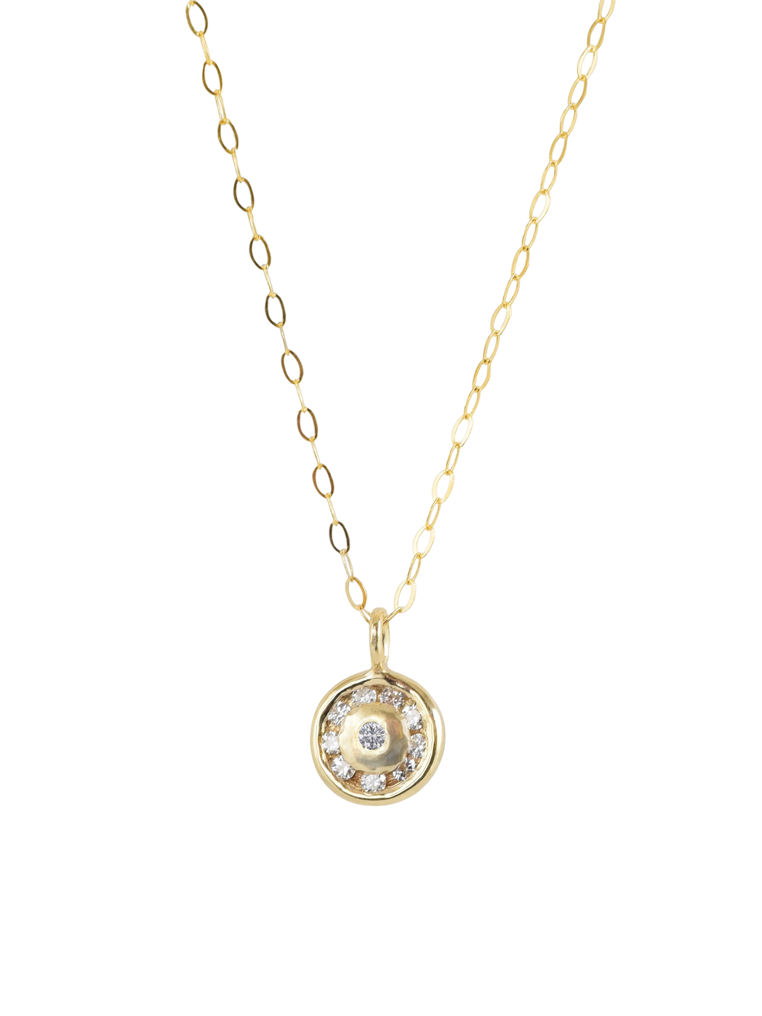 Halogen halo diamond and gold pendant