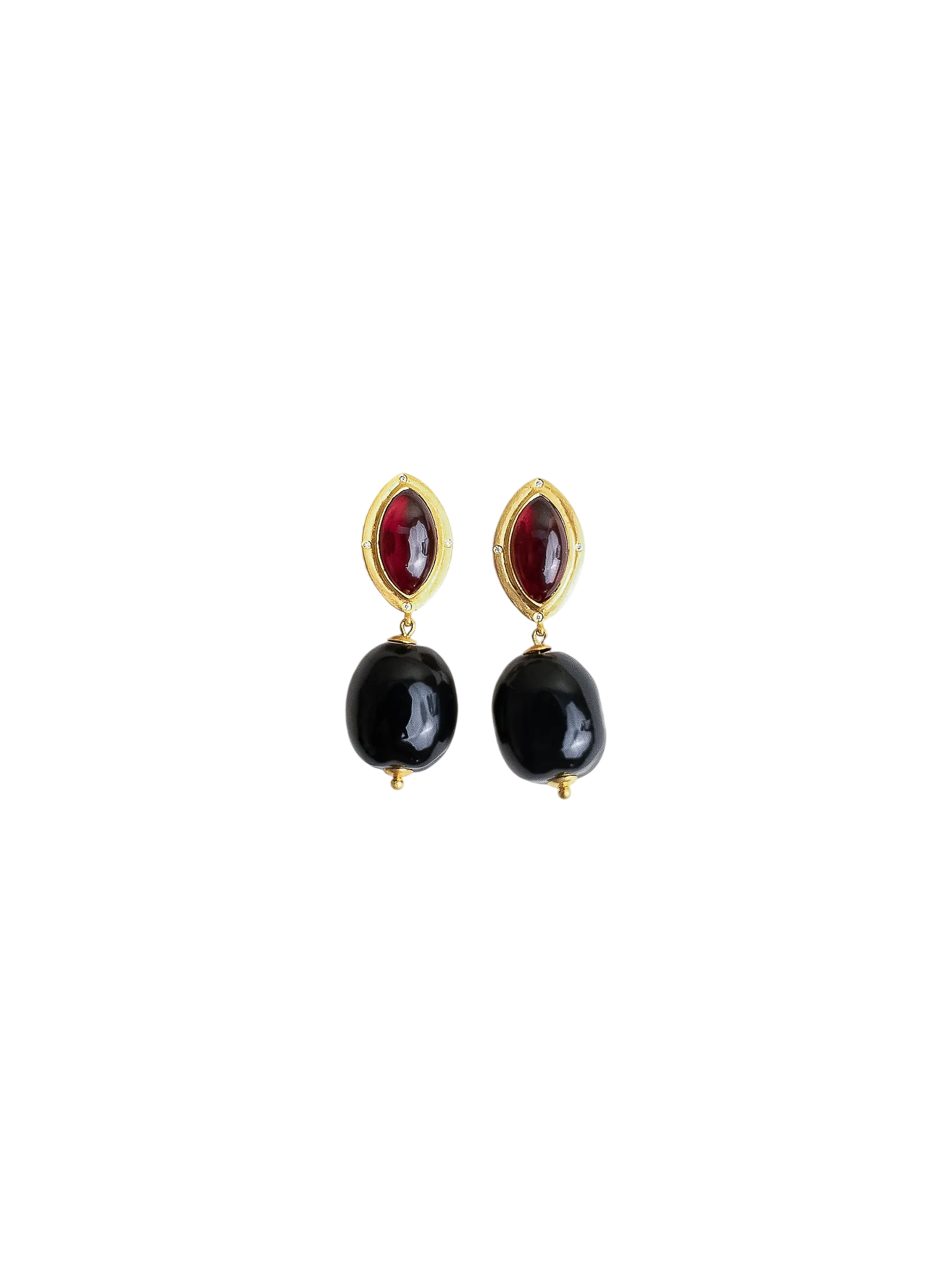 Double Seed Earrings in Garnet, Black Onyx, Diamond, and 22kt Gold