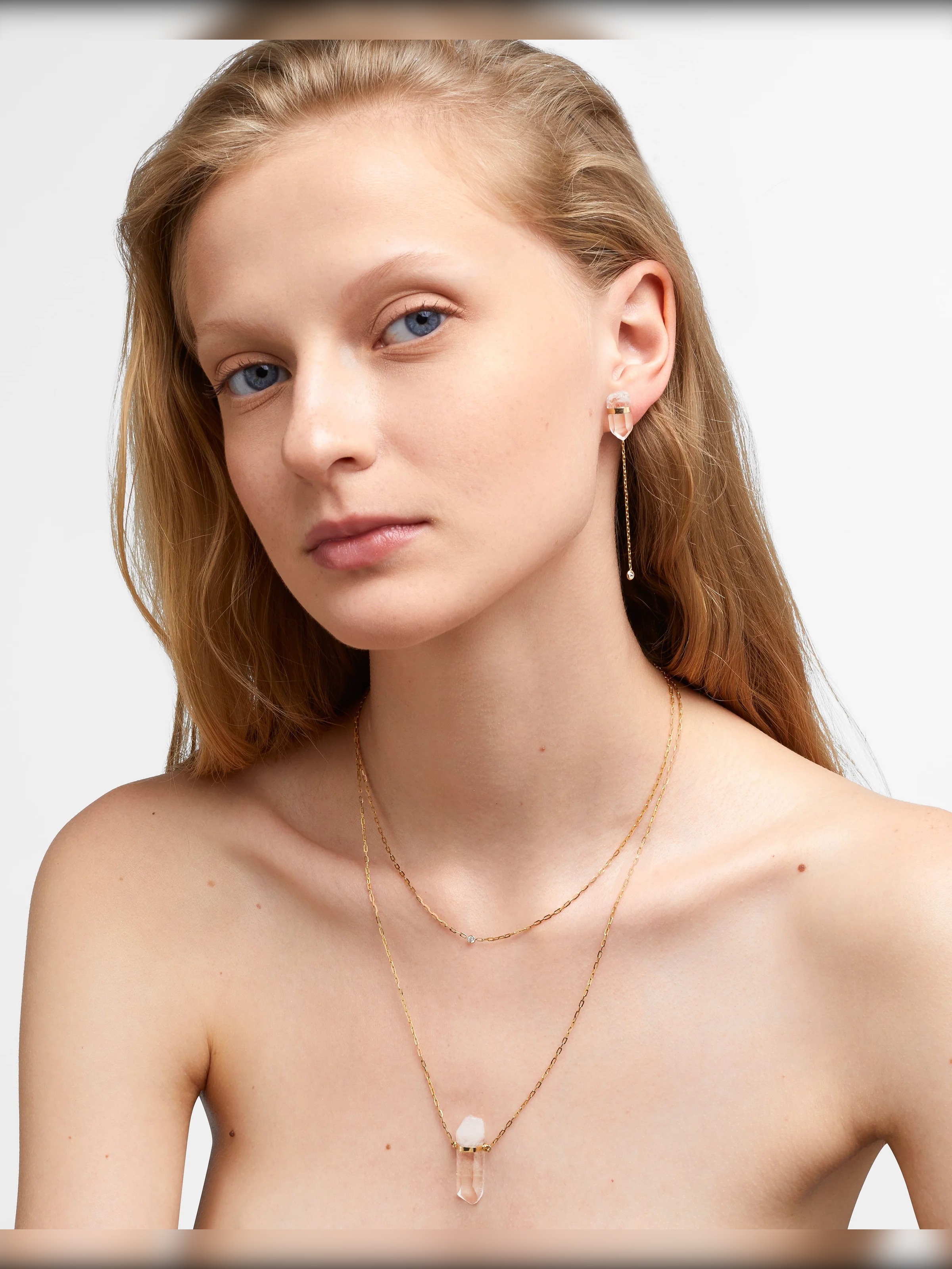 Crystalline Double Layer Crystal Quartz Diamond Bezel Necklace