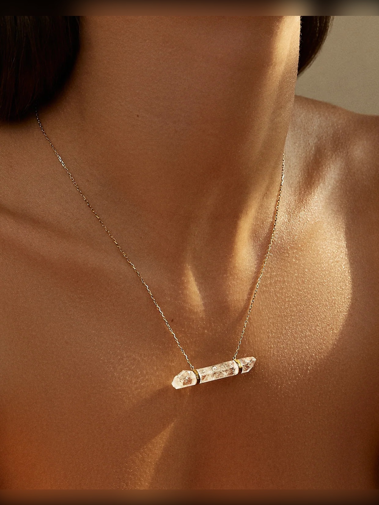 Crystalline Crystal Quartz Double Gold Bar Necklace