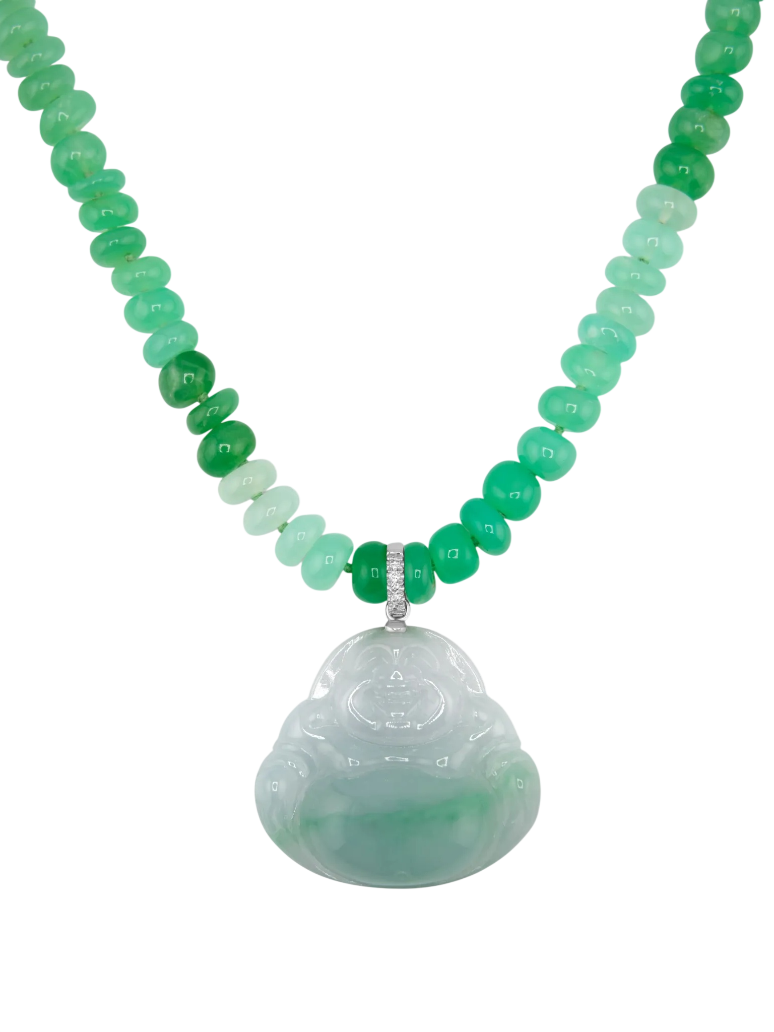 Happy Buddha Chrysoprase Diamond Jade Necklace