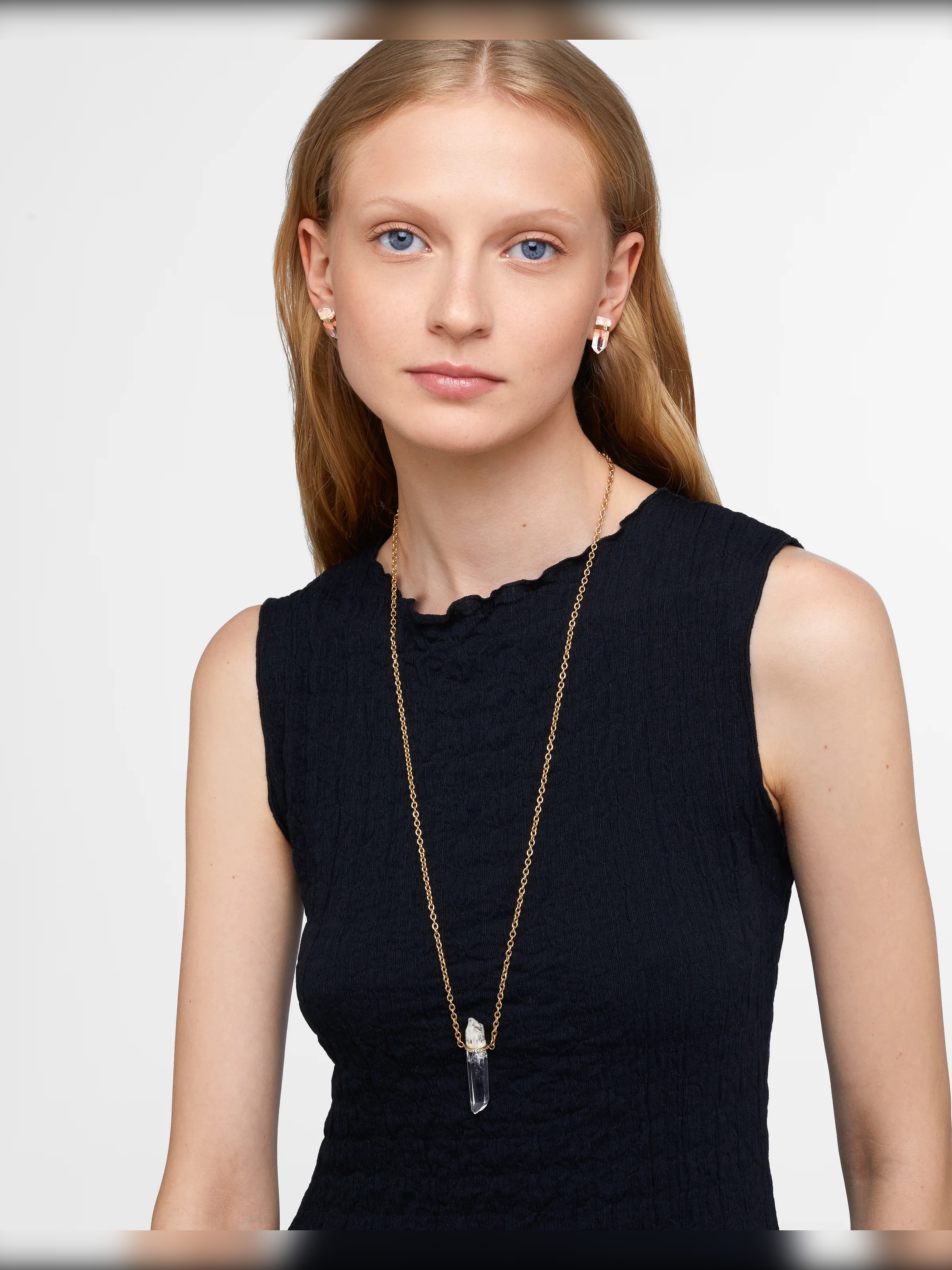 Crystalline Crystal Quartz Diamond Bar Charm Long Chain Necklace