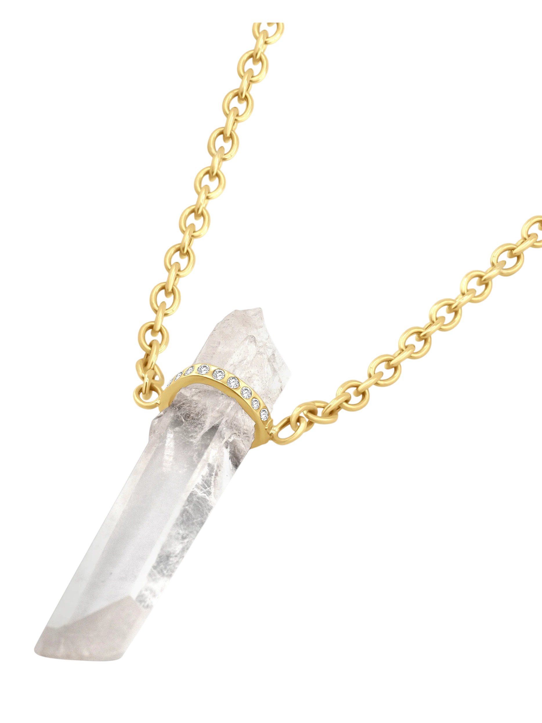 Crystalline Crystal Quartz Diamond Bar Charm Long Chain Necklace