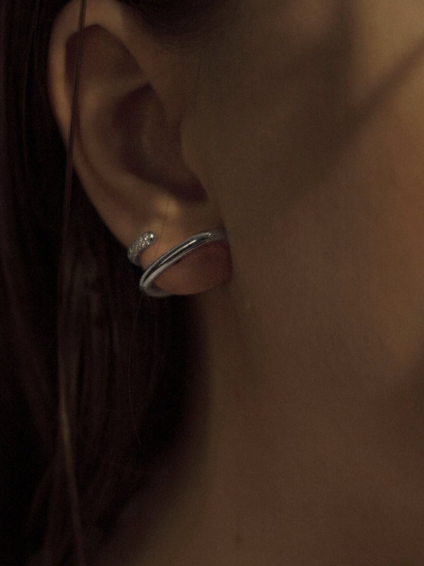 Silver Mono Half Pavé Earring