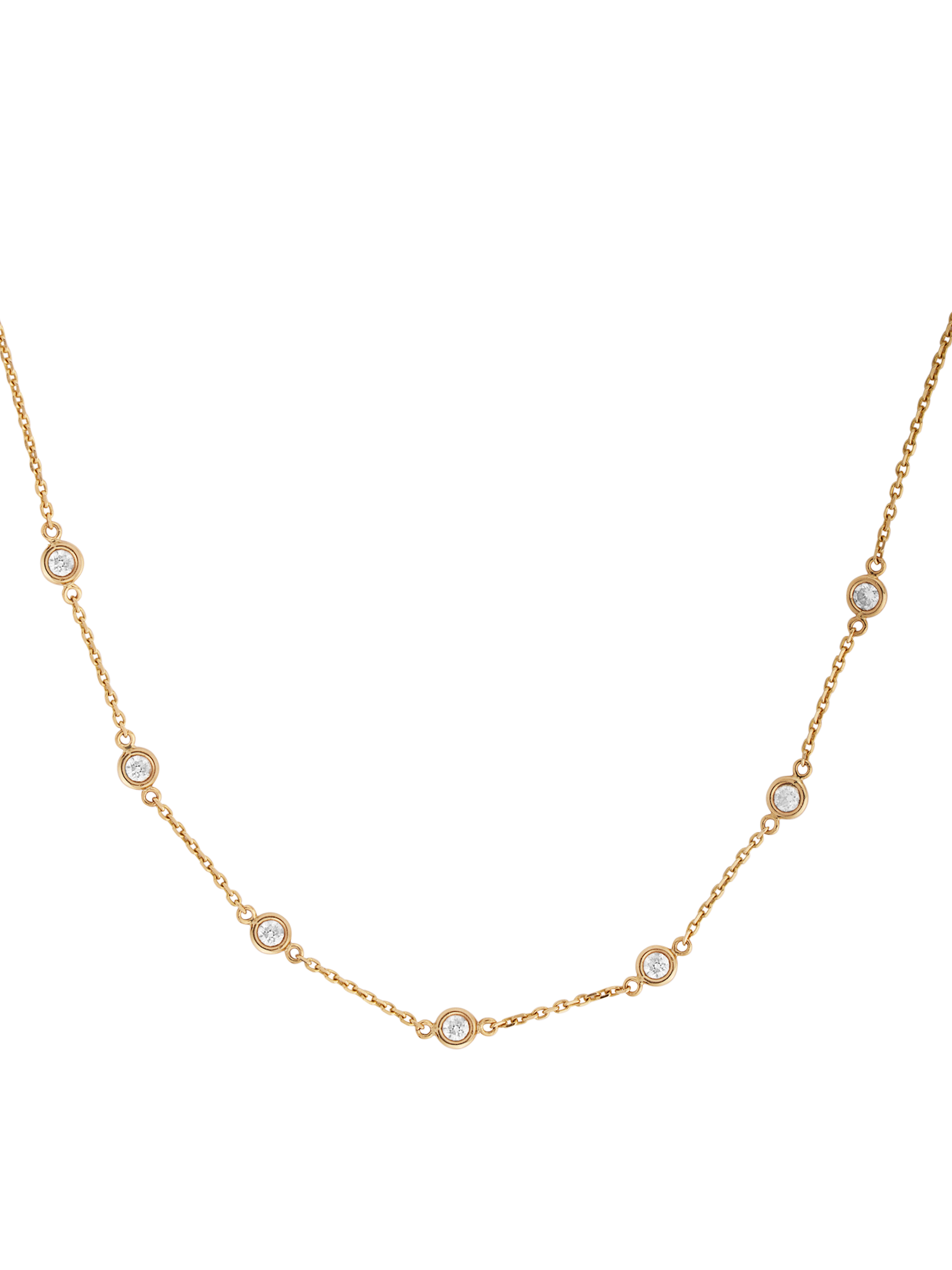 14k yellow gold Diamond cut chain with 7 bezel set diamonds, 16" length