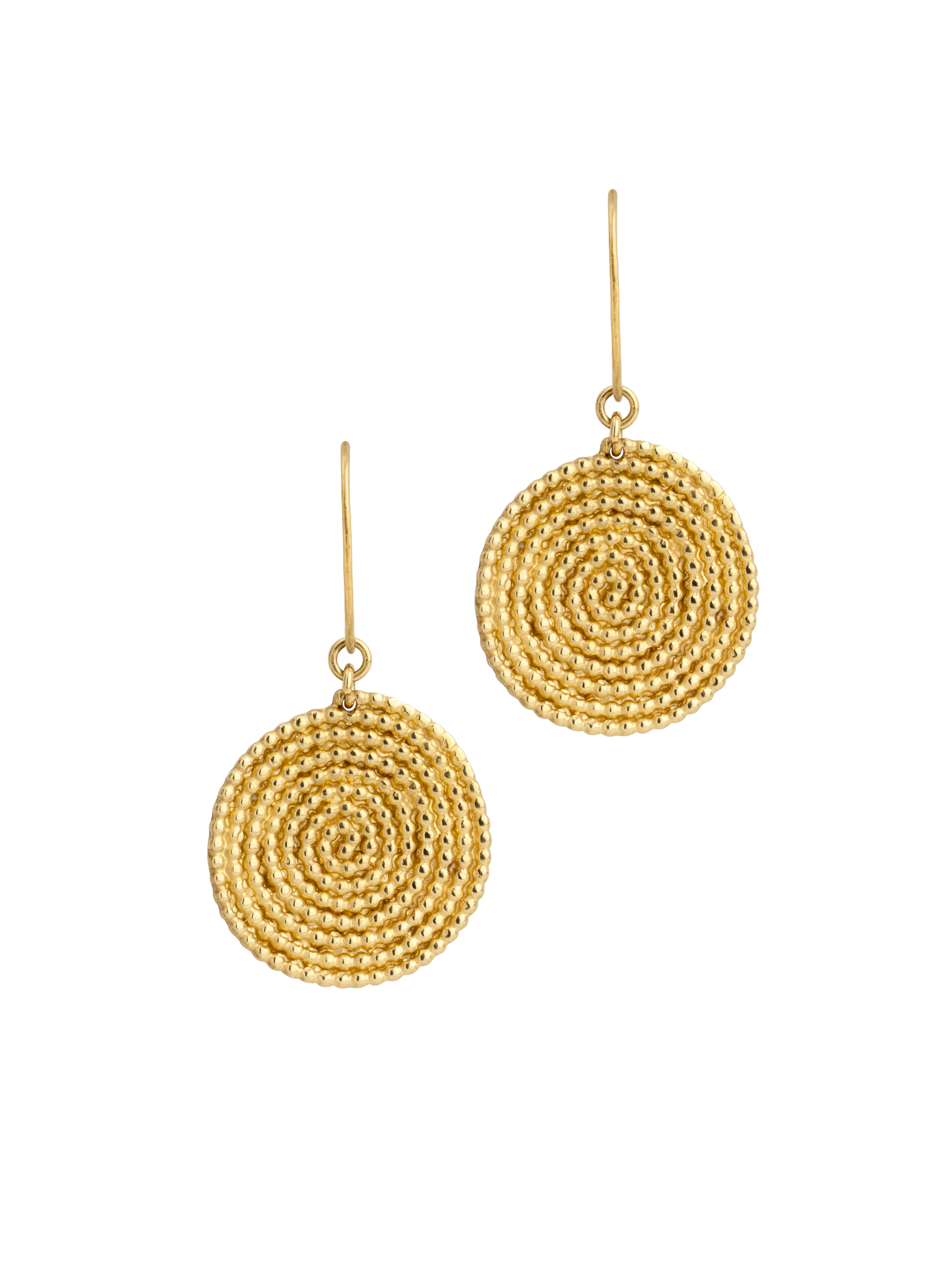 Golden granulated large spiral earrings