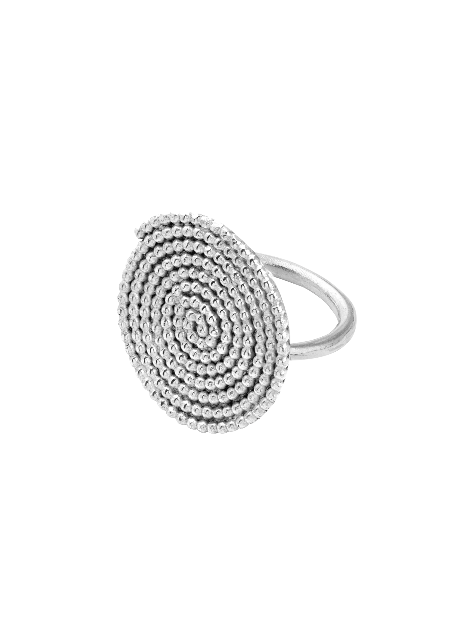 Granulated large spiral disc ring