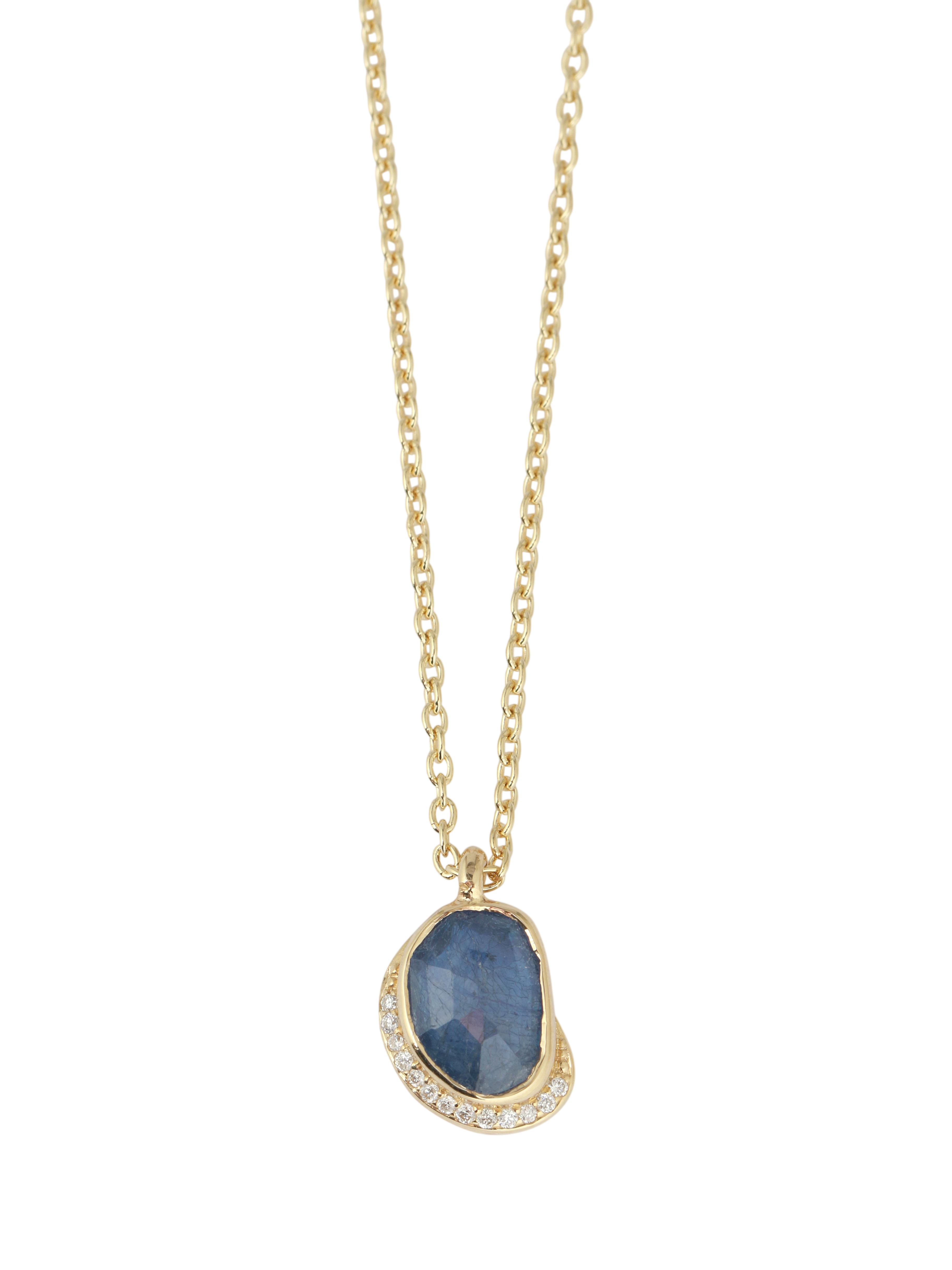 Blue Sapphire Diamond Crescent Moon Pendant Necklace