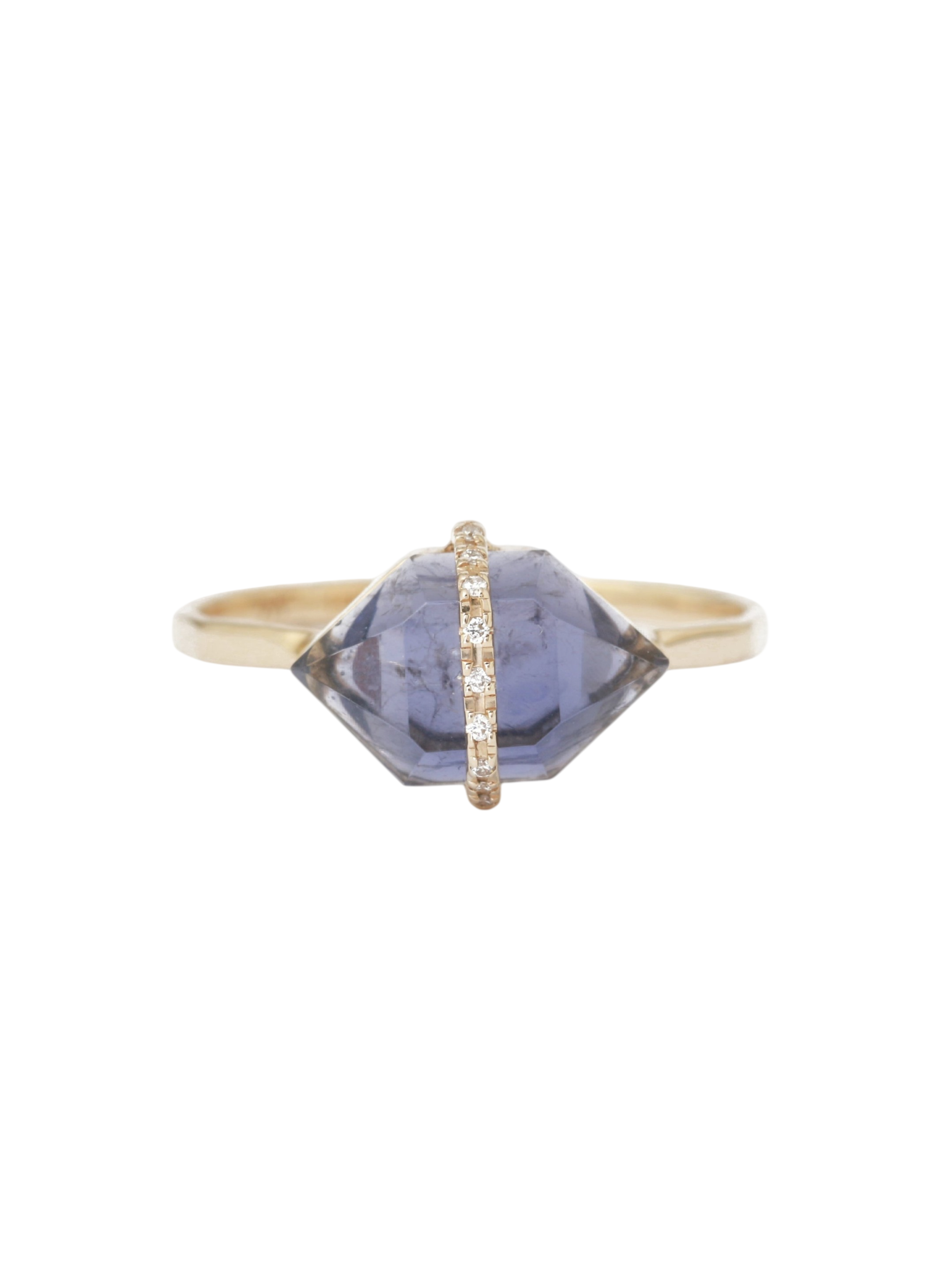 Micropave Bezel Wrapped Herkimer cut Iolite Ring