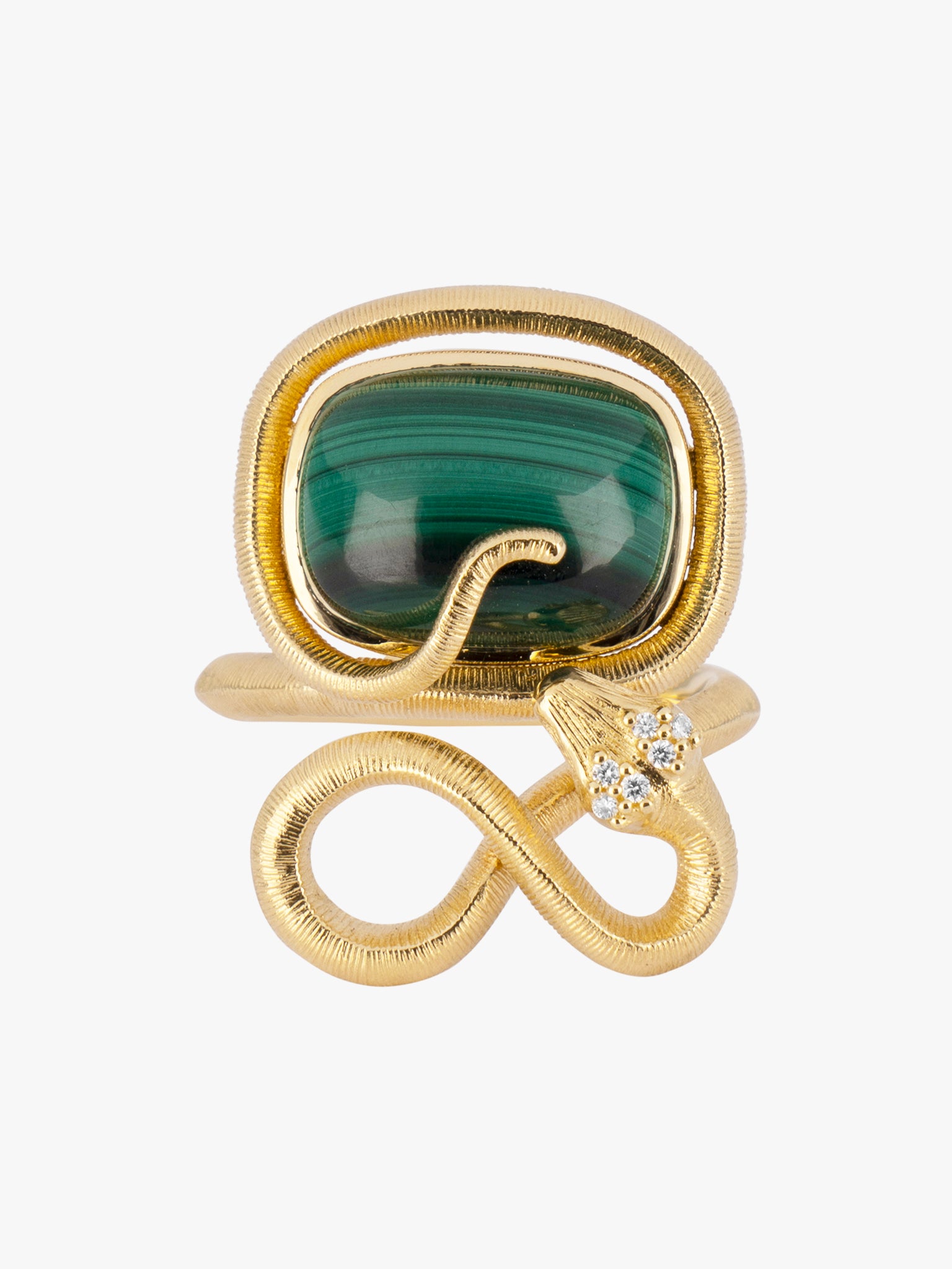 Snake ring with malachite and diamonds