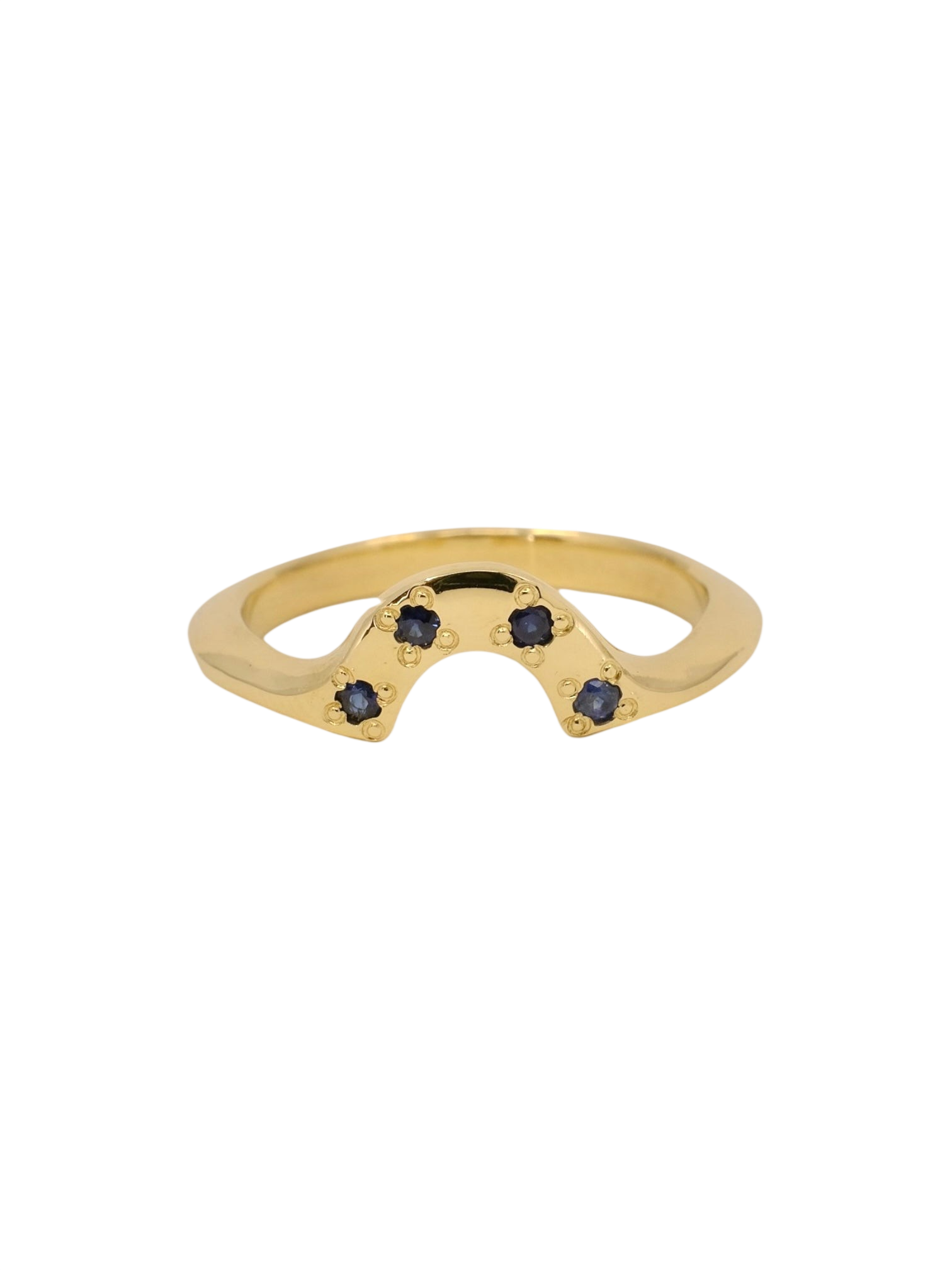 Domed wedding band with blue sapphires