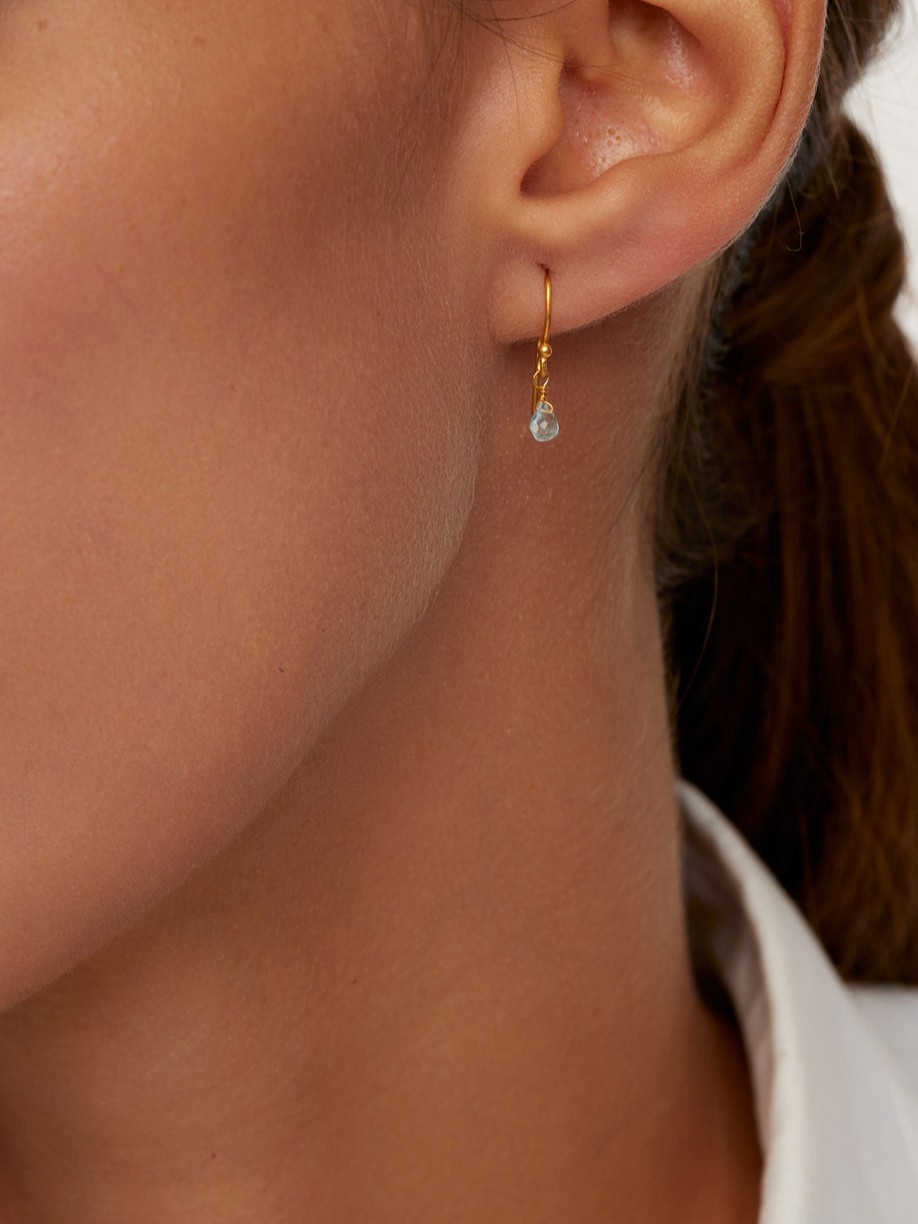 18kt Gold Anemone Aquamarine Tiny Drop Earrings photo