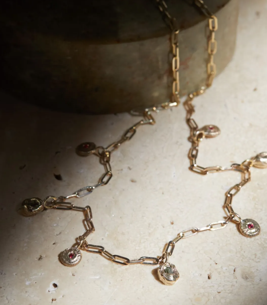 Green Sapphire and Red Spinel Treasure Charm Necklace