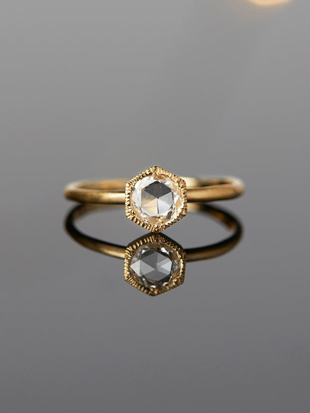 5mm White Diamond Rose Cut Hexagon Solitaire Ring