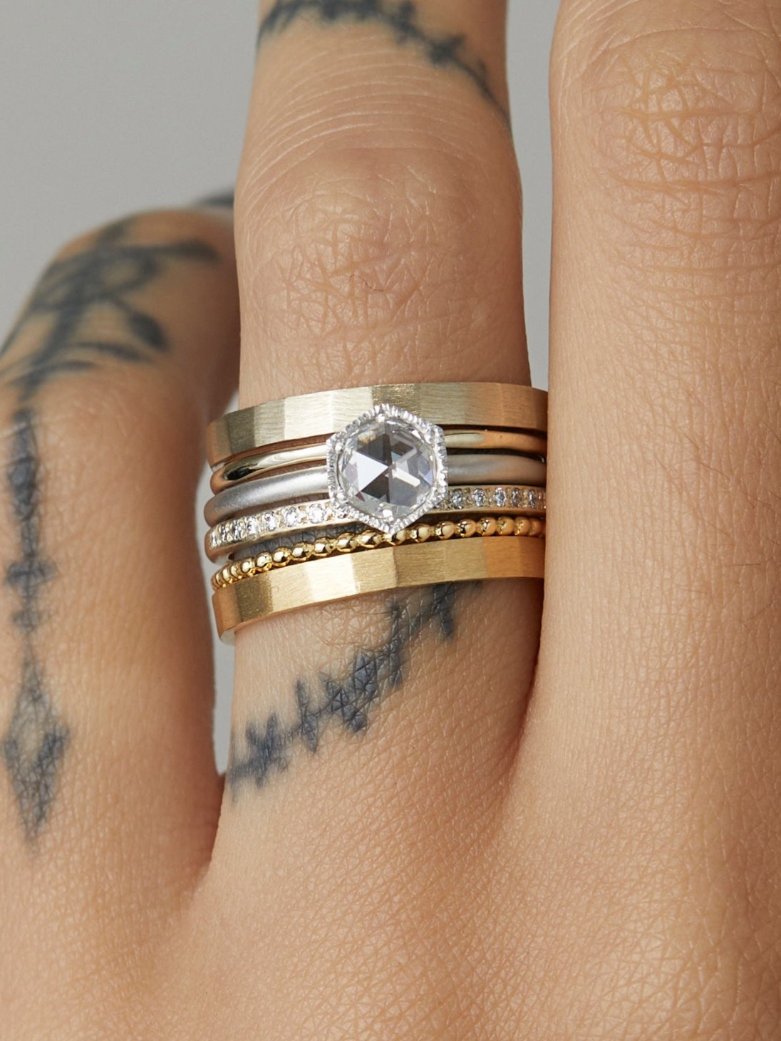 5mm White Diamond Rose Cut Hexagon Solitaire Ring