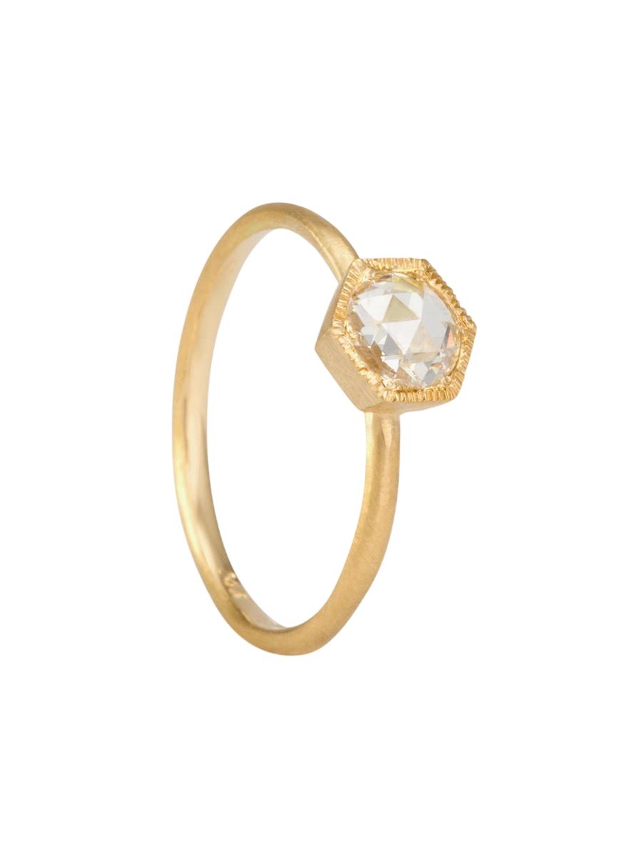 5mm White Diamond Rose Cut Hexagon Solitaire Ring