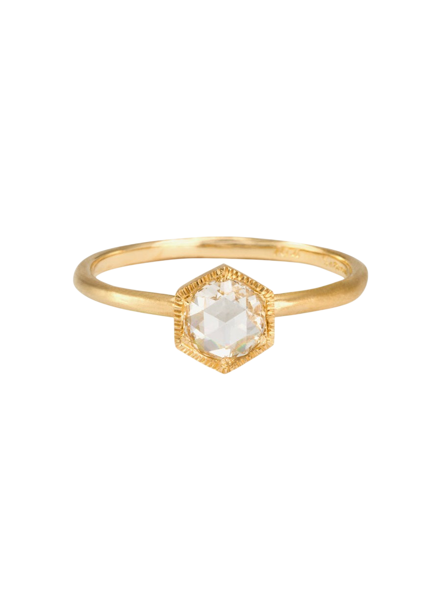5mm White Diamond Rose Cut Hexagon Solitaire Ring photo
