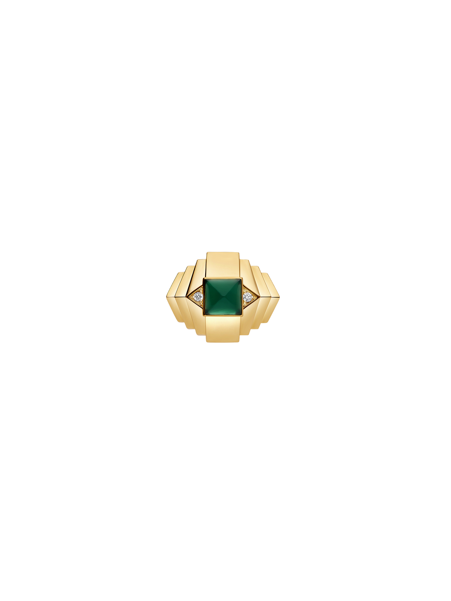 Ring rockaway mini pyramid green agate, diamonds & yellow gold
