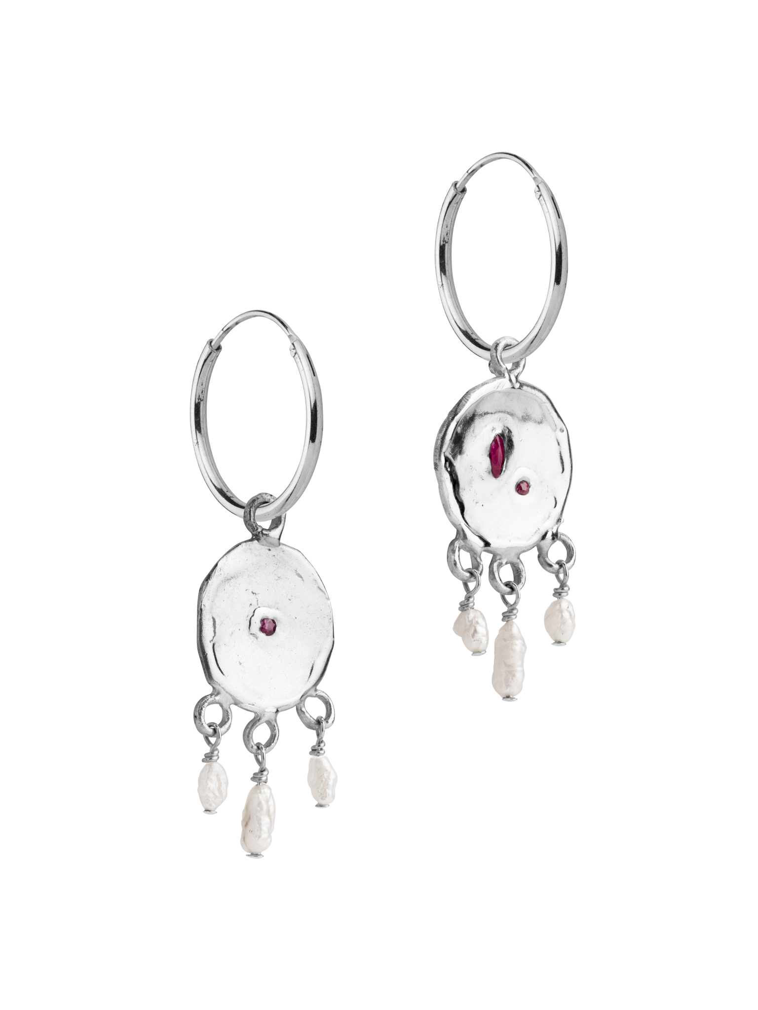 Mismatched eco rice pearl and ruby earrings