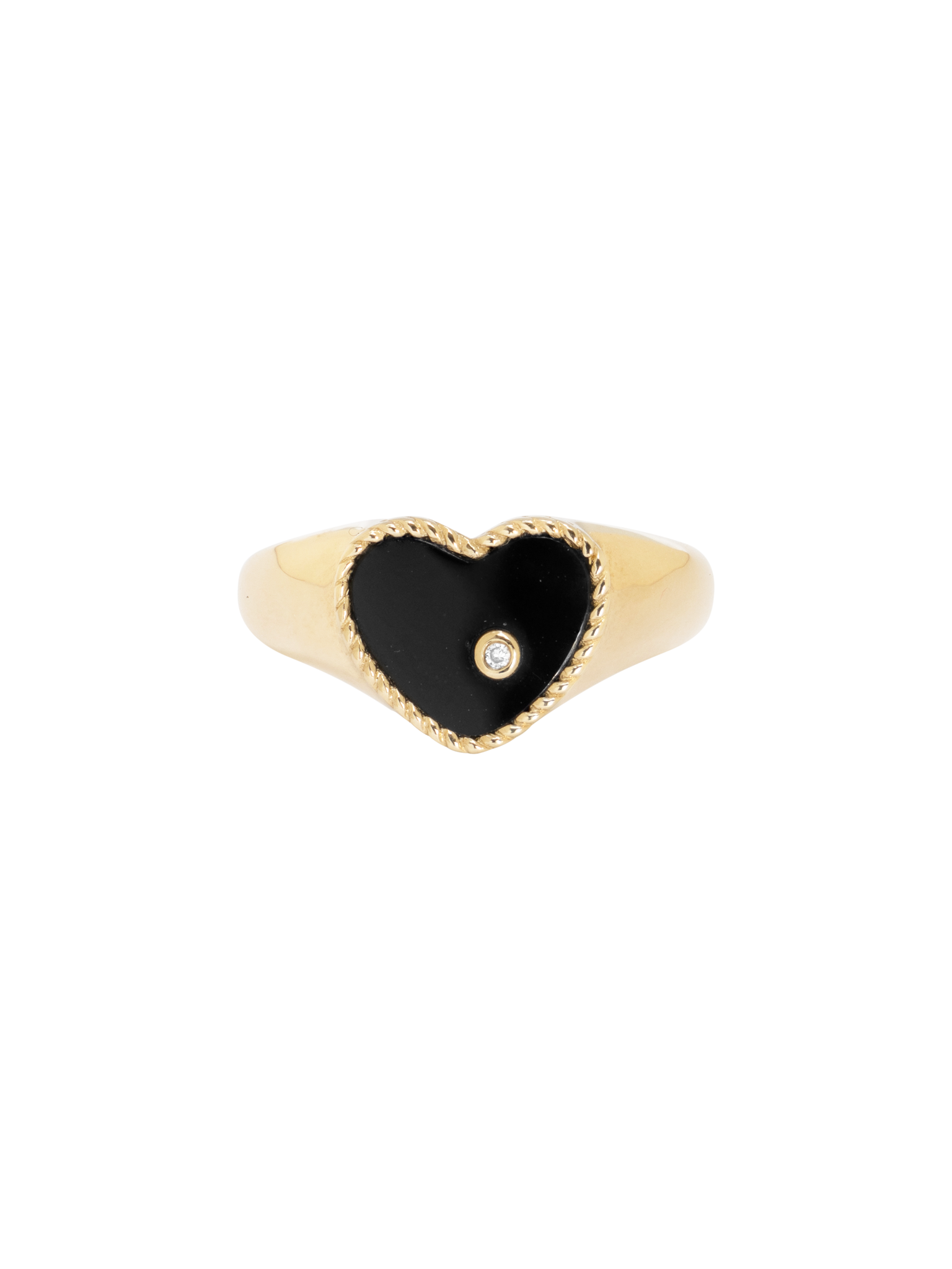 Mini diamond, onyx and gold heart signet ring