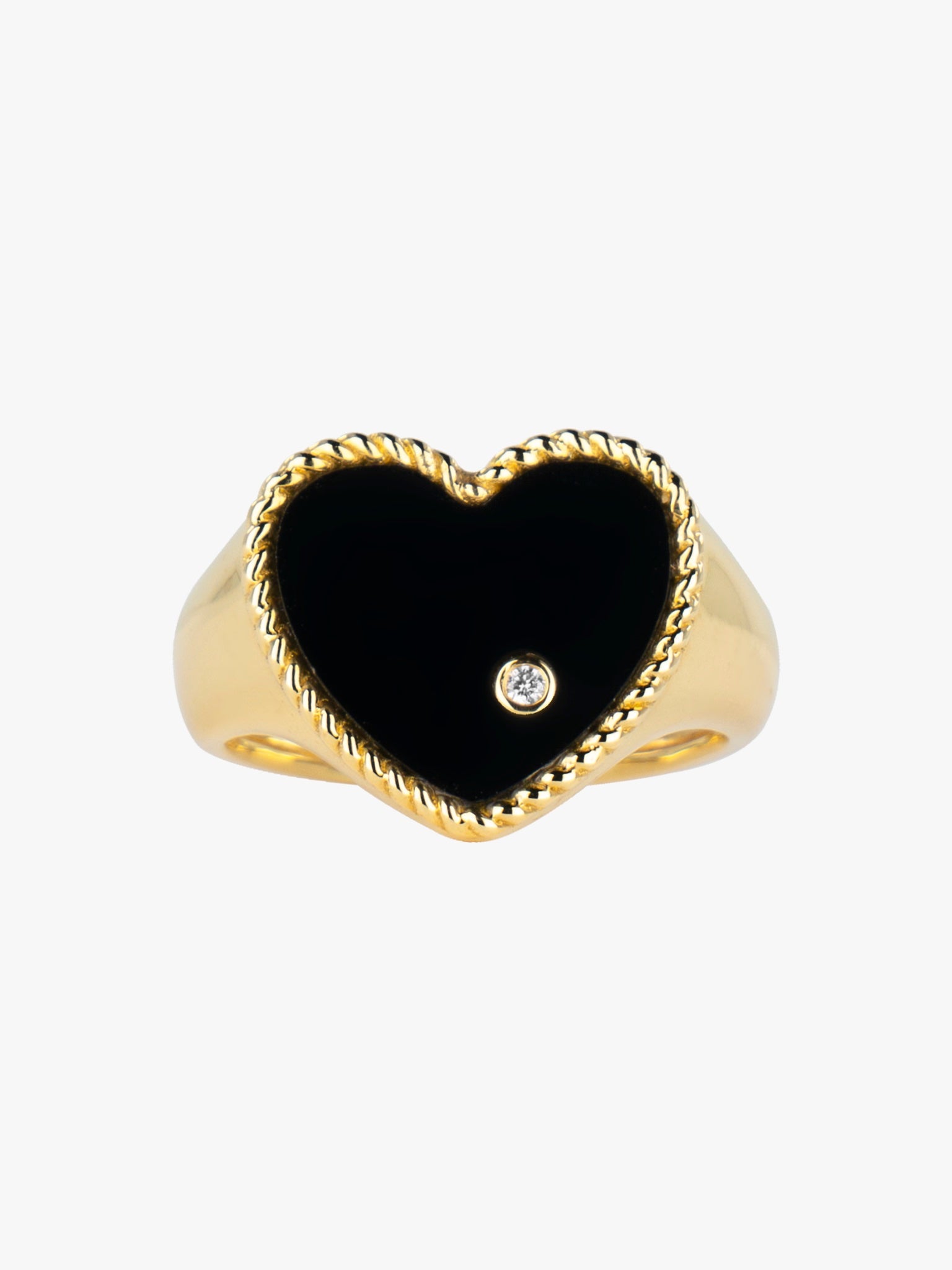 Diamond, onyx and gold heart signet ring