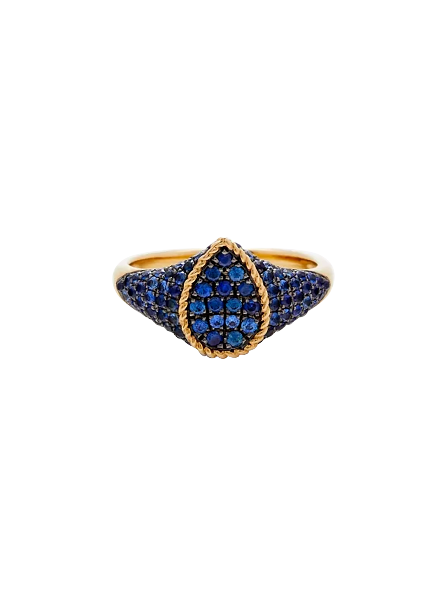 Baby signet ring pear blue sapphires yellow gold