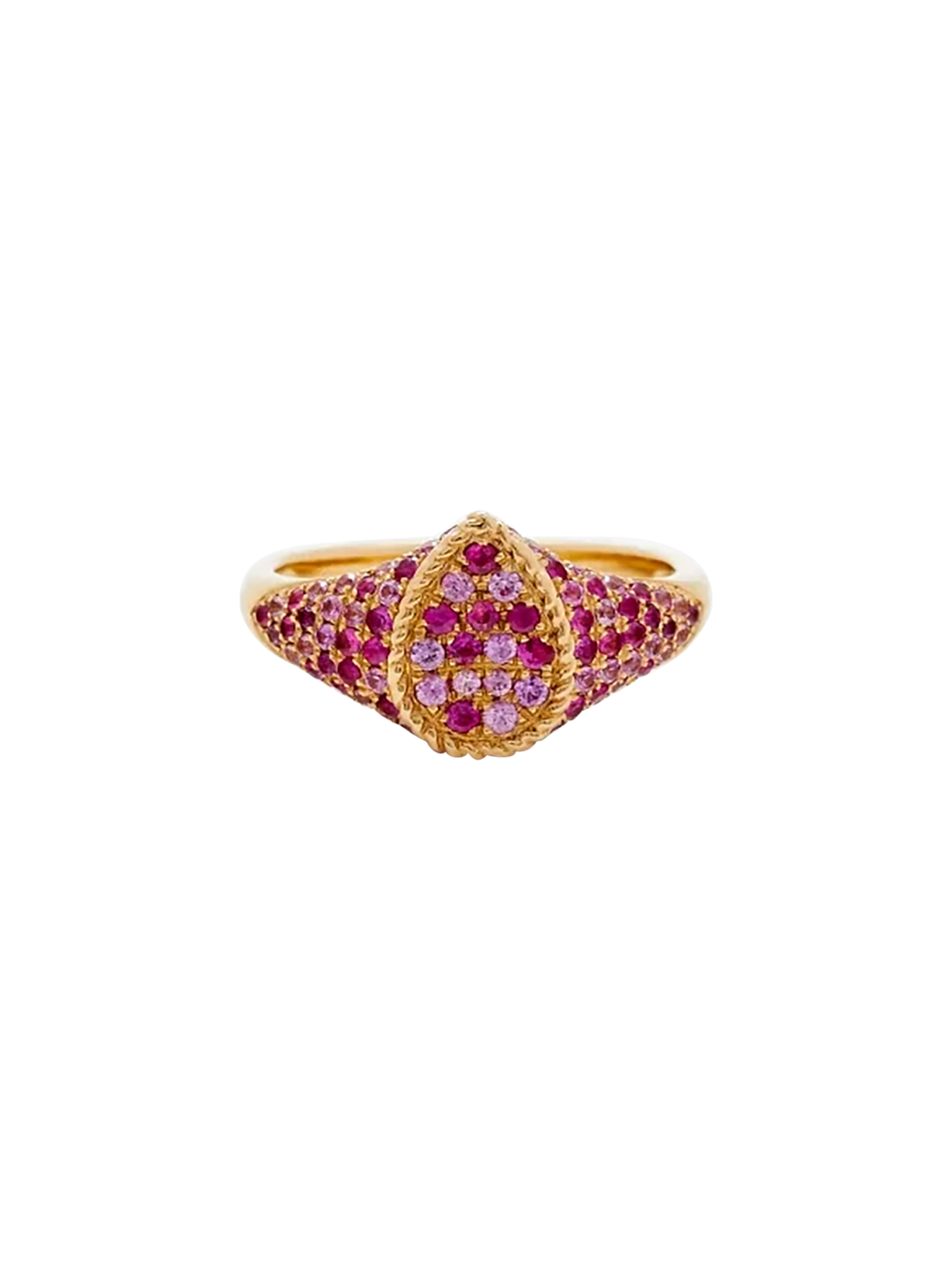 Baby signet ring pear pink sapphires yellow gold