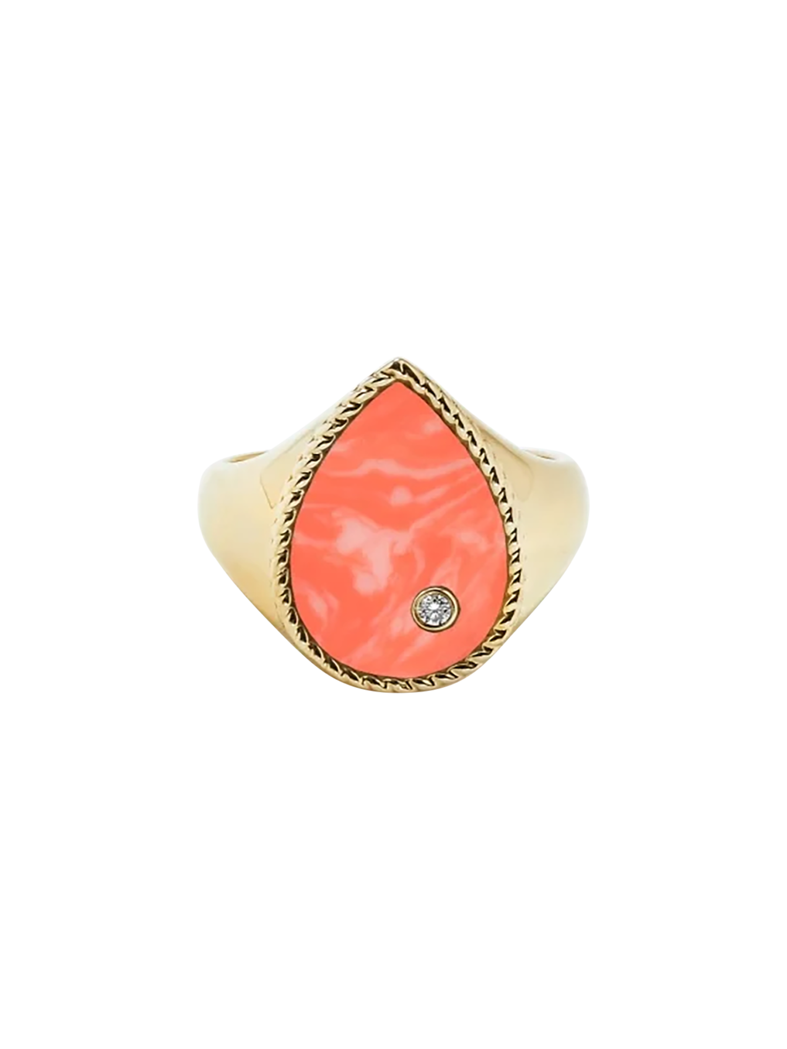 Yellow gold coral pear signet ring