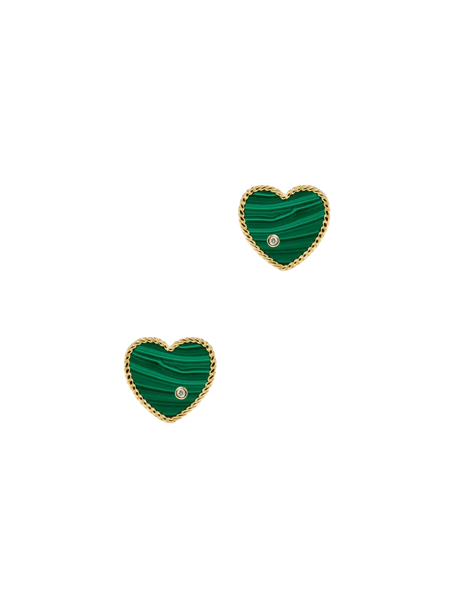 Yellow gold malachite heart studs