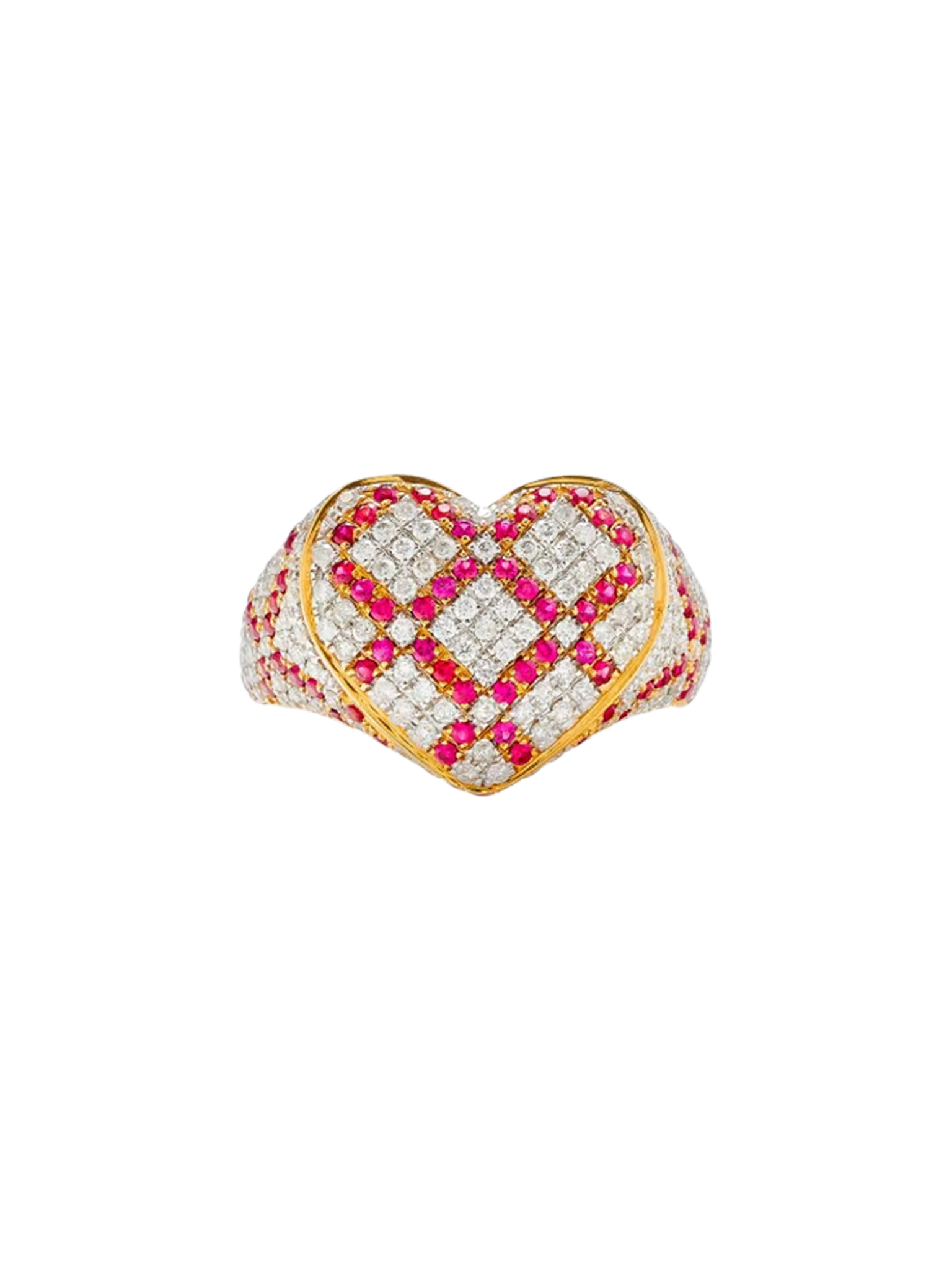 Heart signet ring cross diamonds ruby ​​yellow gold